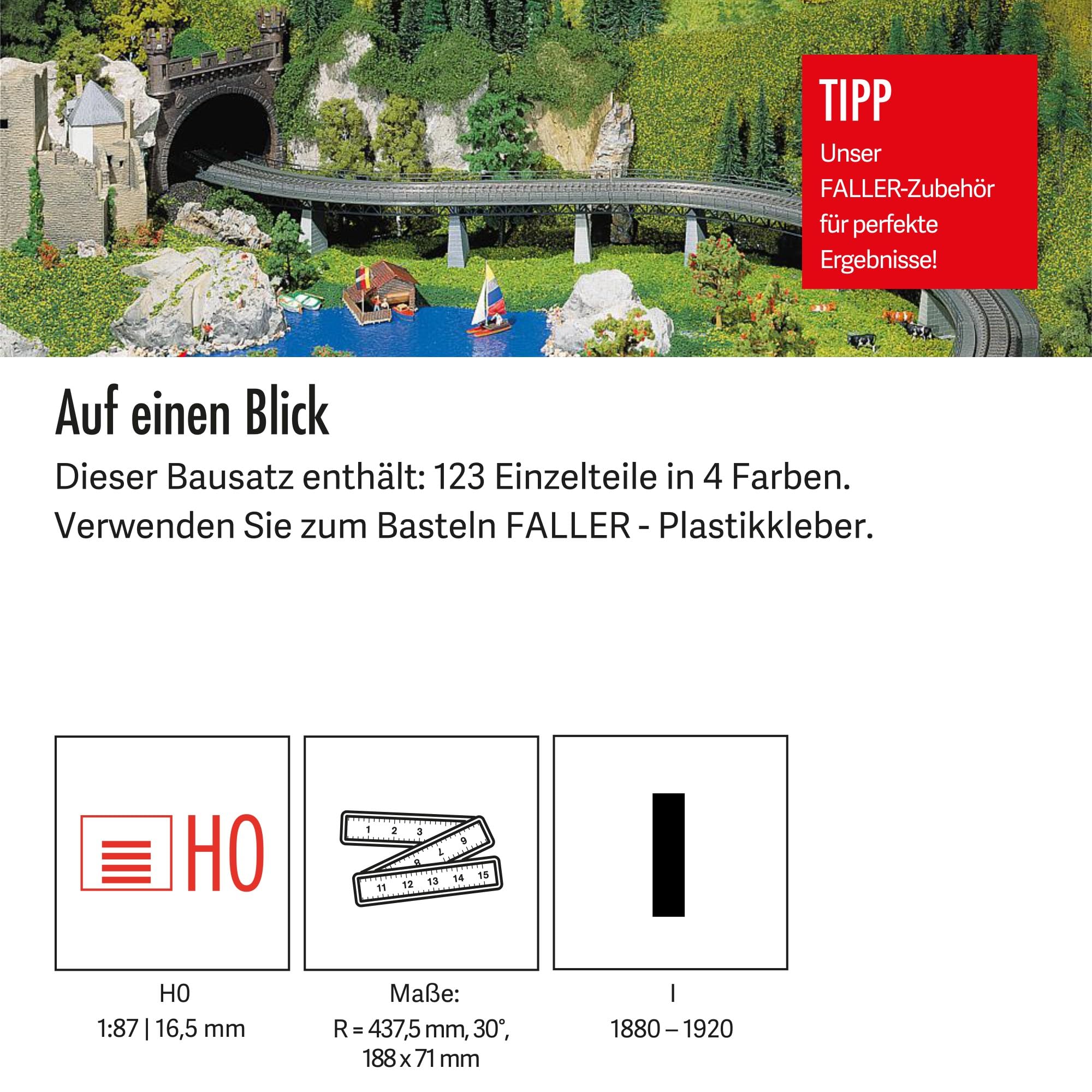 FALLER Auf- & Abfahrt kpl. Modellbausatz mit 123 Einzelteilen R=437,5mm, 30°, 188 x 71mm I Modelleisenbahn Zubehör H0 I Modelleisenbahn H0 Gleisbetten