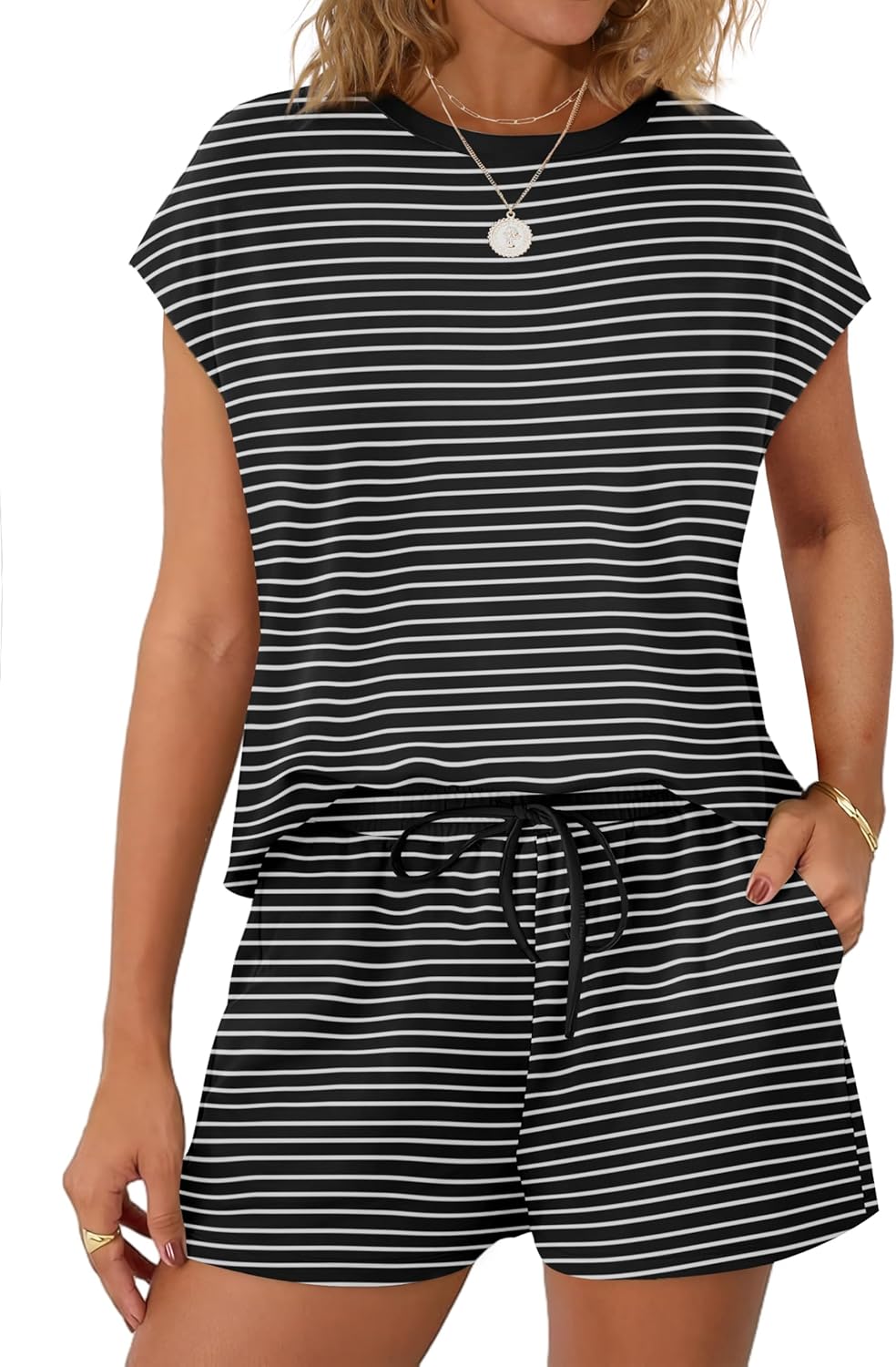 WIHOLL Two Piece Sets for Women Summer Crew Neck Lounge Short Sets Cap Sleeve Drawstring Sweatsuit with Pocket - Image 2