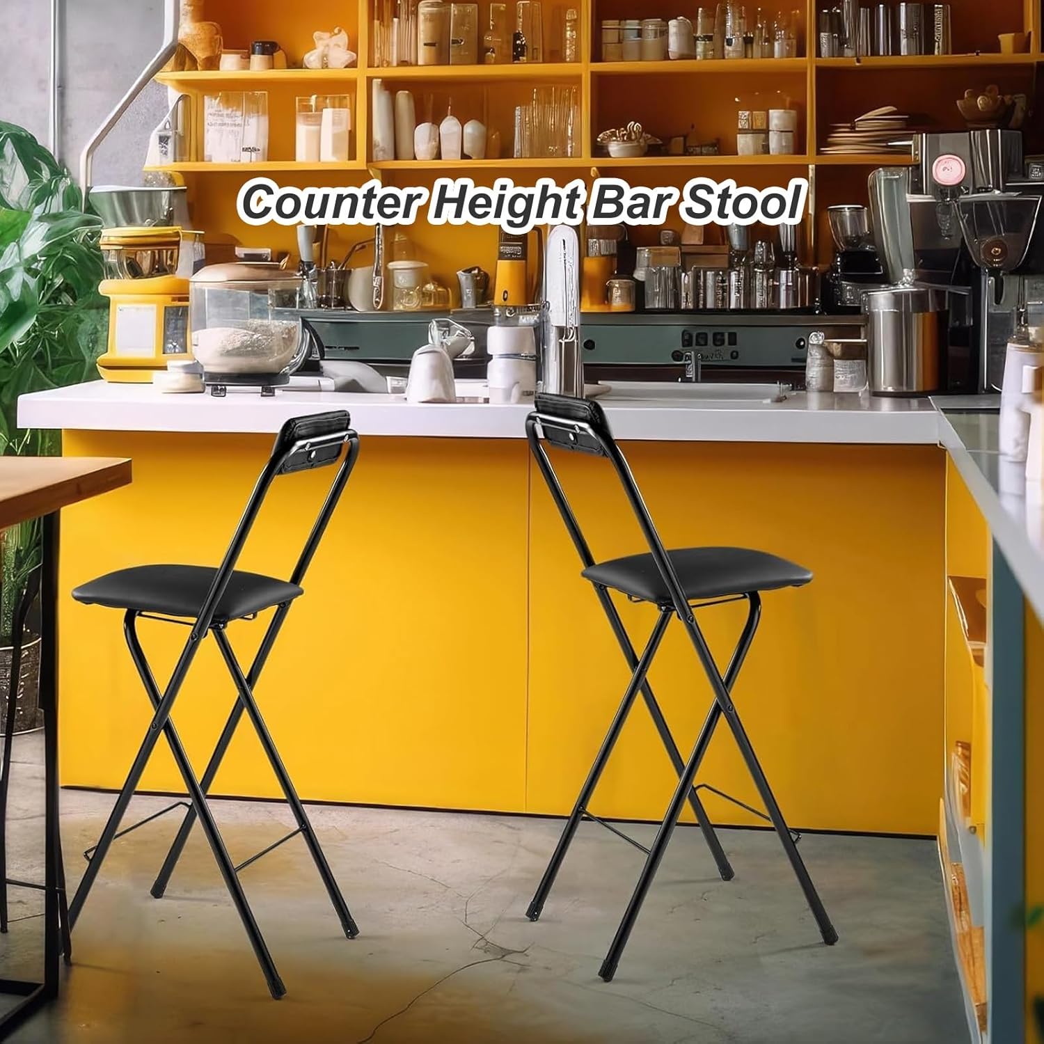 Folding Stool with Backrest and Footrest, 24″/26″/28″/30″ PU Padded Height Foldable Stool, Kitchen Breakfast High Chair, Portable Tall (Color : Black, Size 75cm/30in) (Black 70cm/