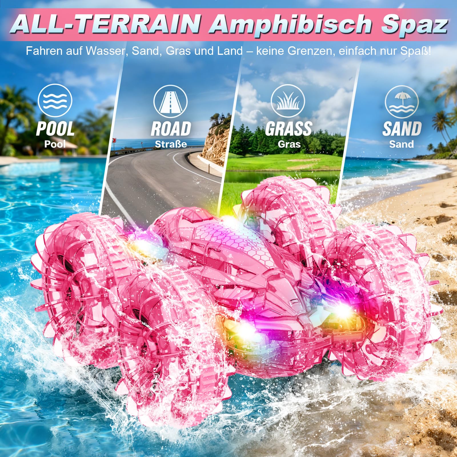 MidiVix Voiture télécommandée - Véhicule amphibie - Temps de jeu : 90 min - 2,4 GHz - Double face - Rotation à 360° - Avec éclairage RVB - Jouet 4WD RC - Cadeau pour garçons de 6 à 12 ans - Rose