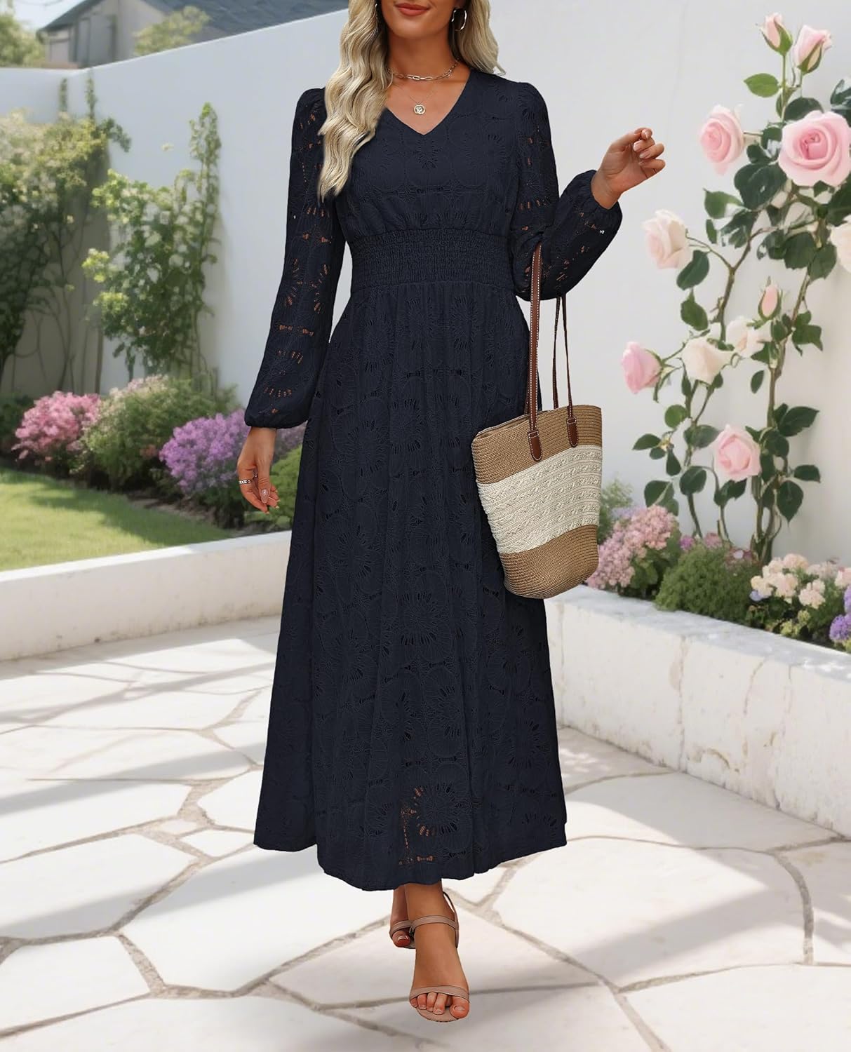 Women's Long Puff Sleeve Floral Maxi Dress V Neck Lace Eyelet Hollow Out A Line Flowy Boho Spring Wedding Guest Party Dresses - Image 5