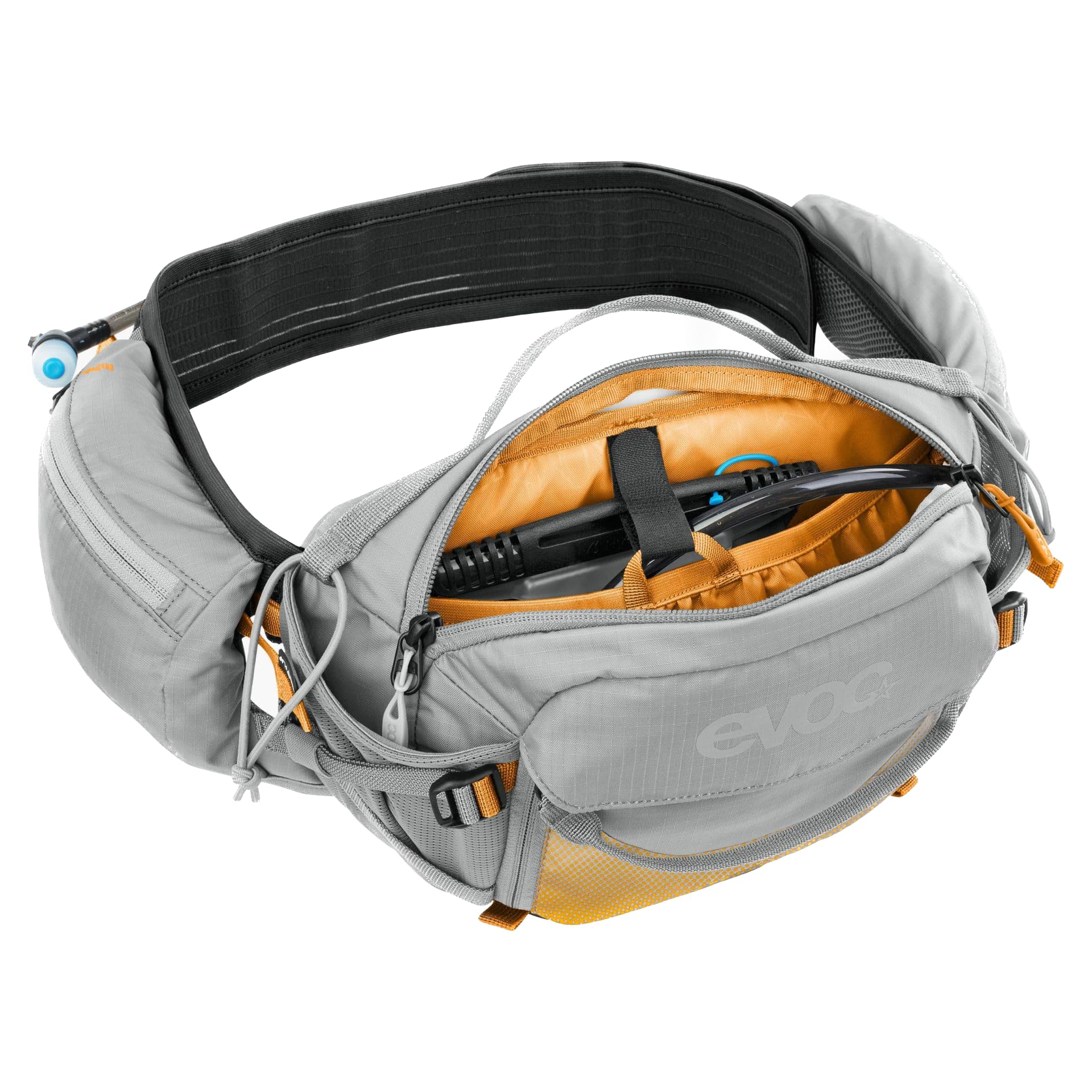 Torba biodrowa EVOC HIP PACK PRO E-RIDE 3 na wycieczki rowerowe i szlaki (pojemność 3 l, AIRFLOW CONTACT SYSTEM, pas biodrowy AIRO FLEX, system VENTI FLAP, uchwyt na butelkę), kolor: kamienny szary