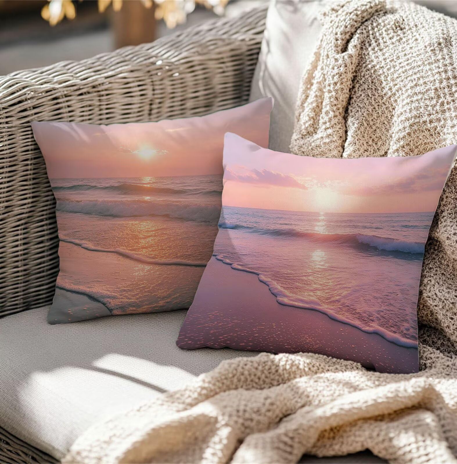 Spiaggia Federe Cuscini Divano 70x70cm Tramonto Cuscini per Divano, Federe Copri Cuscino Divanos, Set di 2 Moderni Resistente Biancheria Copricuscini per Cucina Sedia Soggiorno Letto Giardino TG-842