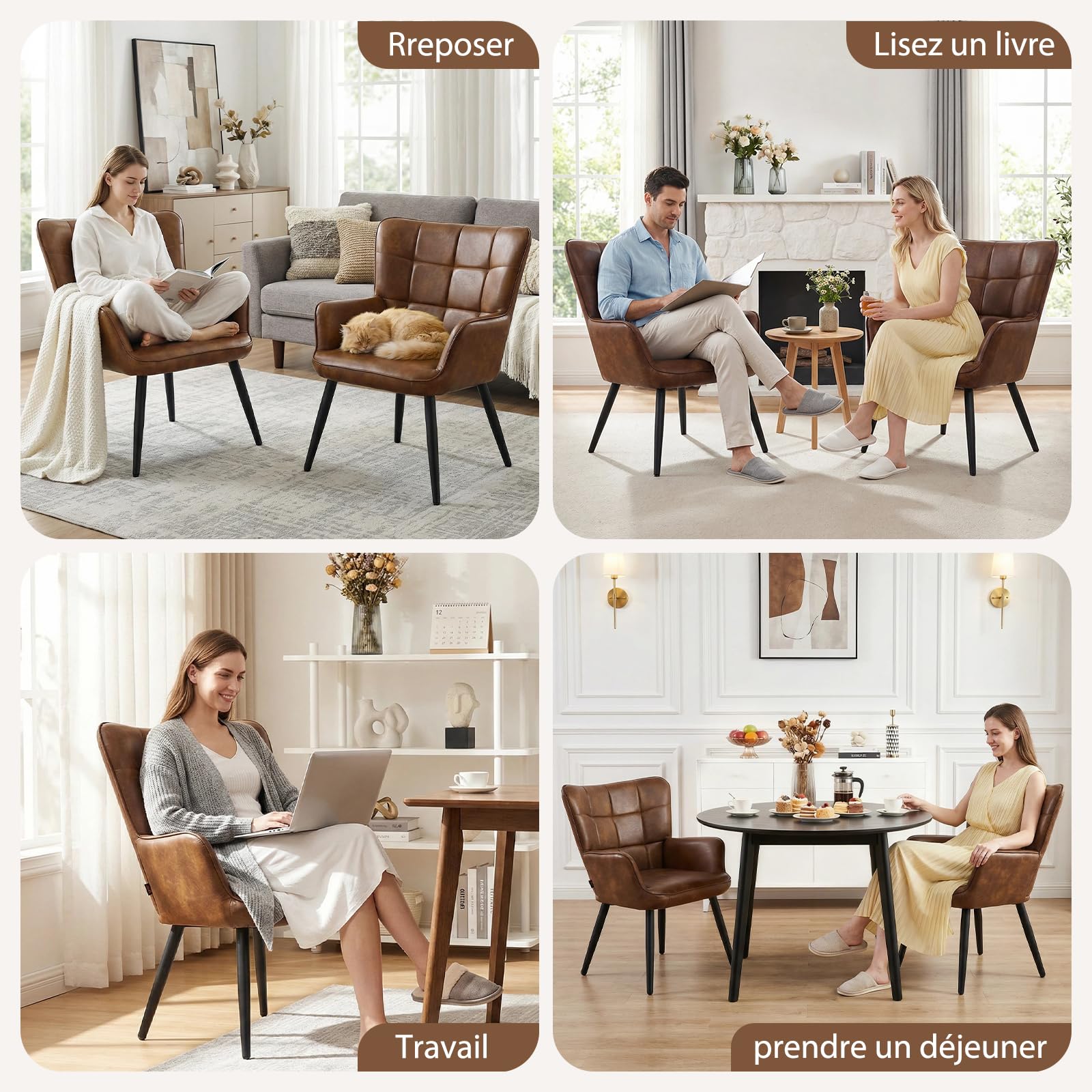 Fauteuil Salon Scandinave, Chaise Coiffeuse en Cuir PU, Chaises Salle à Manger Chaise Rembourrée avec Accoudoirs & Dossier Ergonomique pour Chambre Salle à Manger Bureau Allaitement, Brun