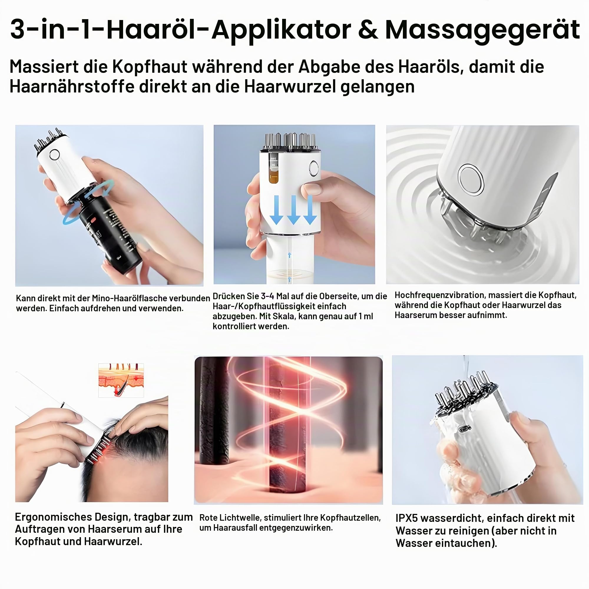 2-in-1-Kopfhautmassagegerät & Haaröl-Applikator – 3 Vibrationsmodi, 70-ml-Flasche & 2-ml-Präzisionsspender, USB-C wiederaufladbar, Rotlichttherapie – Geschenk für Frauen & Männer