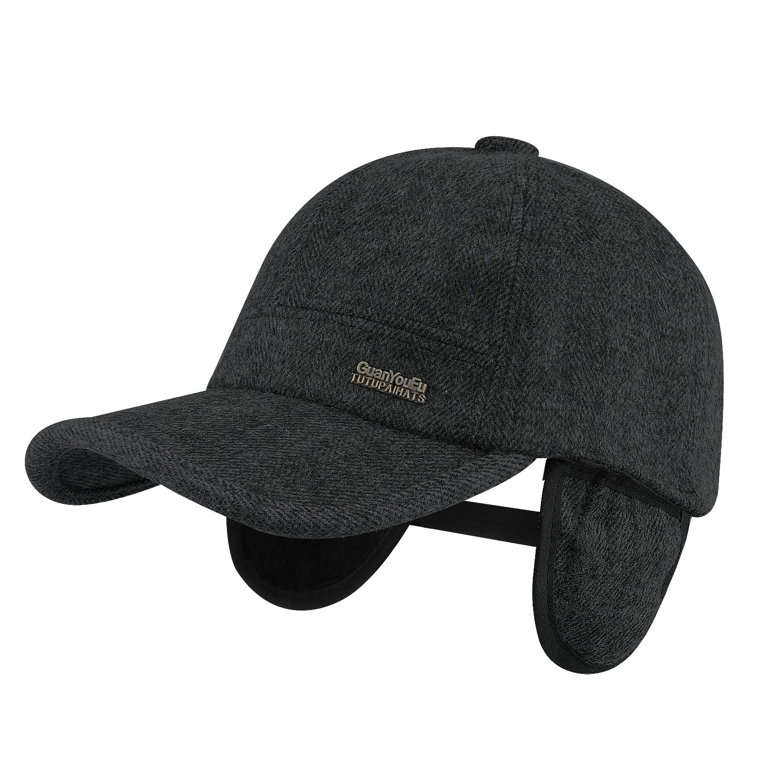kapelusz, Czapka zimowa z daszkiem nausznikami tweedu, męska, wełniana, termiczna, gruba, ciepła, czapka dla taty(KGSDT4Black)
