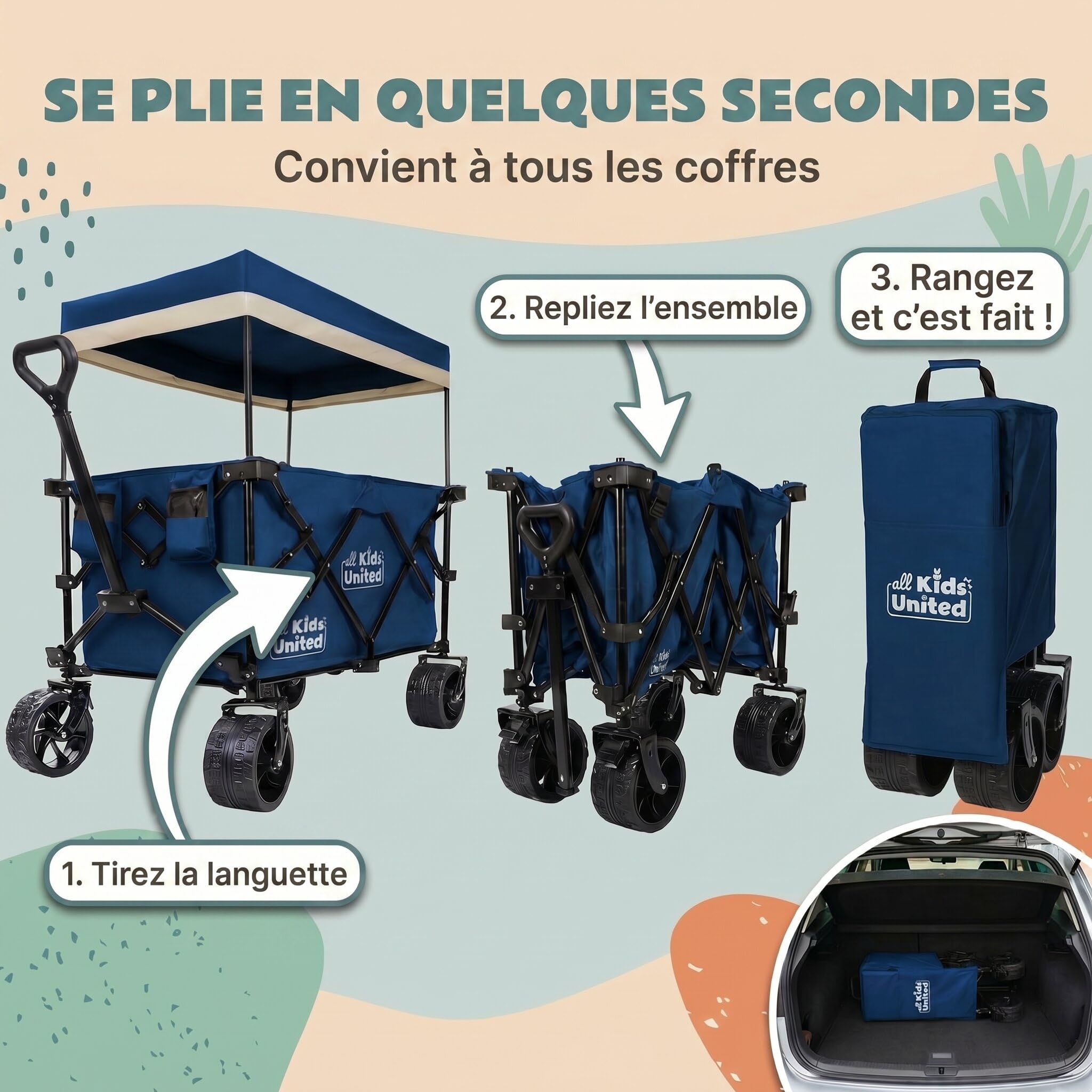 Chariot à Main de Transport Pliable; Buggy de Plage jusqu'à 90 L et 150 kg ; Roues XXL avec Frein ; Chariot de Camping pour Le Jardin et l'extérieur ; poignée réglable (Bleu)
