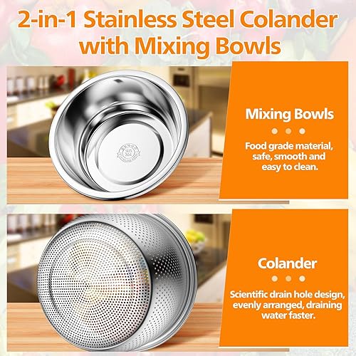 Miniatura 2 de Colador de acero inoxidable 304 con cuencos para mezclar, gran capacidad de 2 cuartos de galón, juego de colador de metal microporoso para lavar y