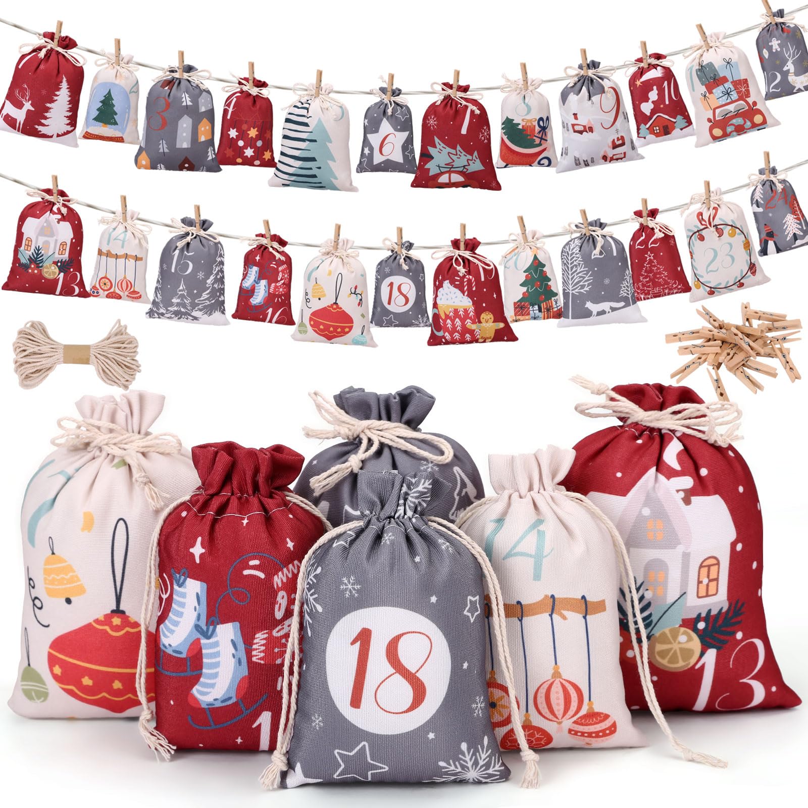 Naler Calendrier de l'Avent Vide a Remplir Soi Meme en Tissu, 24pcs Pochette Sac Calendrier de l'avent Reutilisable Mural pour DIY Cadeau Noel Décoration