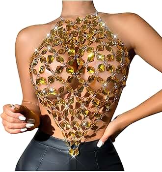 HGps8w Sexy Gemstones Splicing Halter Tops for Women See Throught