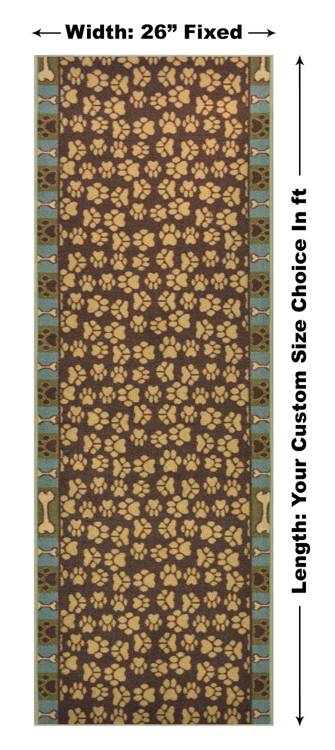 RugStylesOnline Custom Runner Pet Paw Roll Runner Brown Teal Blue 26 Inch Wide x Your Length Size Choice Slip Skid Resistant Rubber Back (Brown, 8 ft x 26 in)