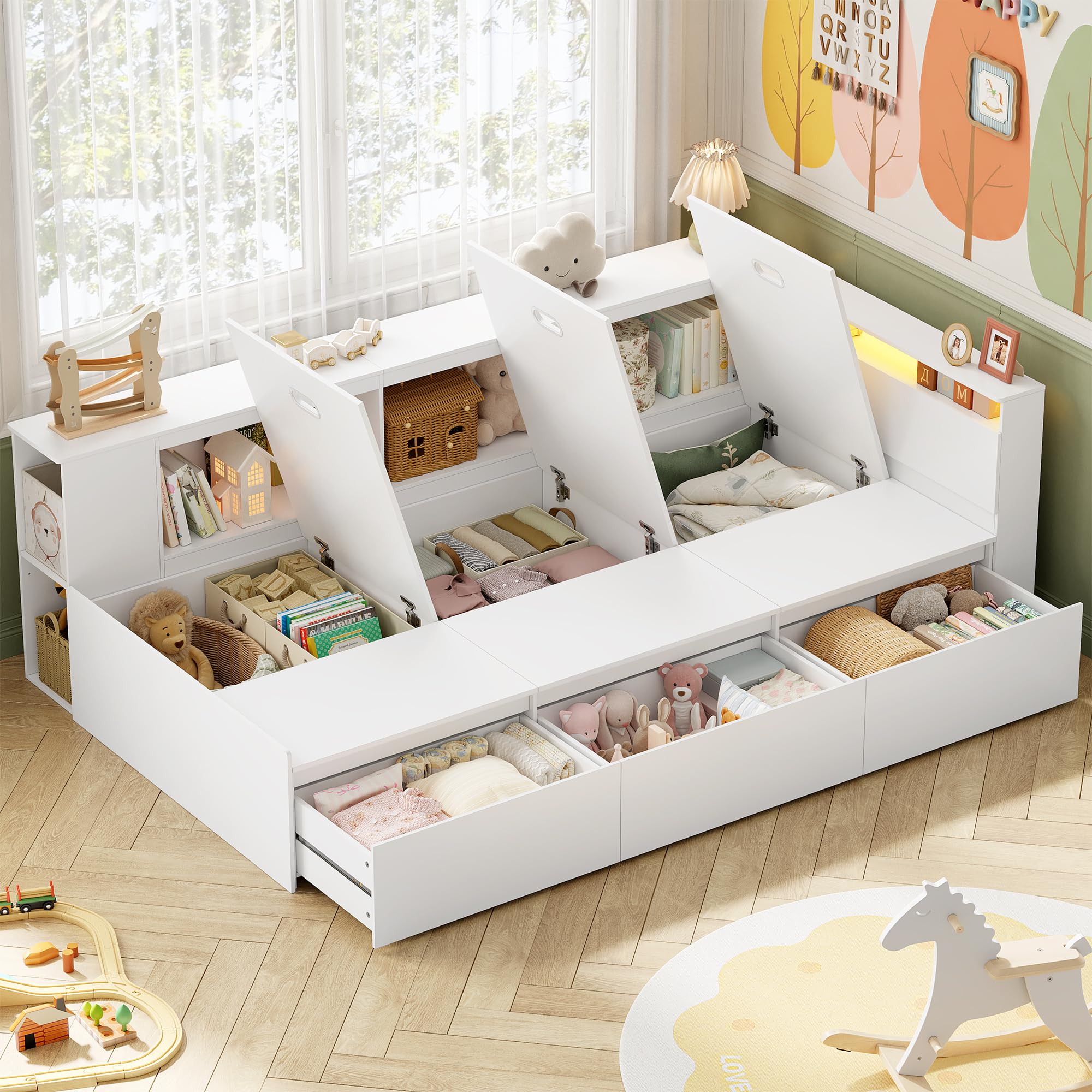 FOREHILL 90x200 cm Letto Montessori Bambini con Luci a LED, Letti Bambini con Libreria, Letto Singolo con 3 Cassetti e Scomparti Aperta, Letto da Adolescente, (Materasso non Incluso), Bianco