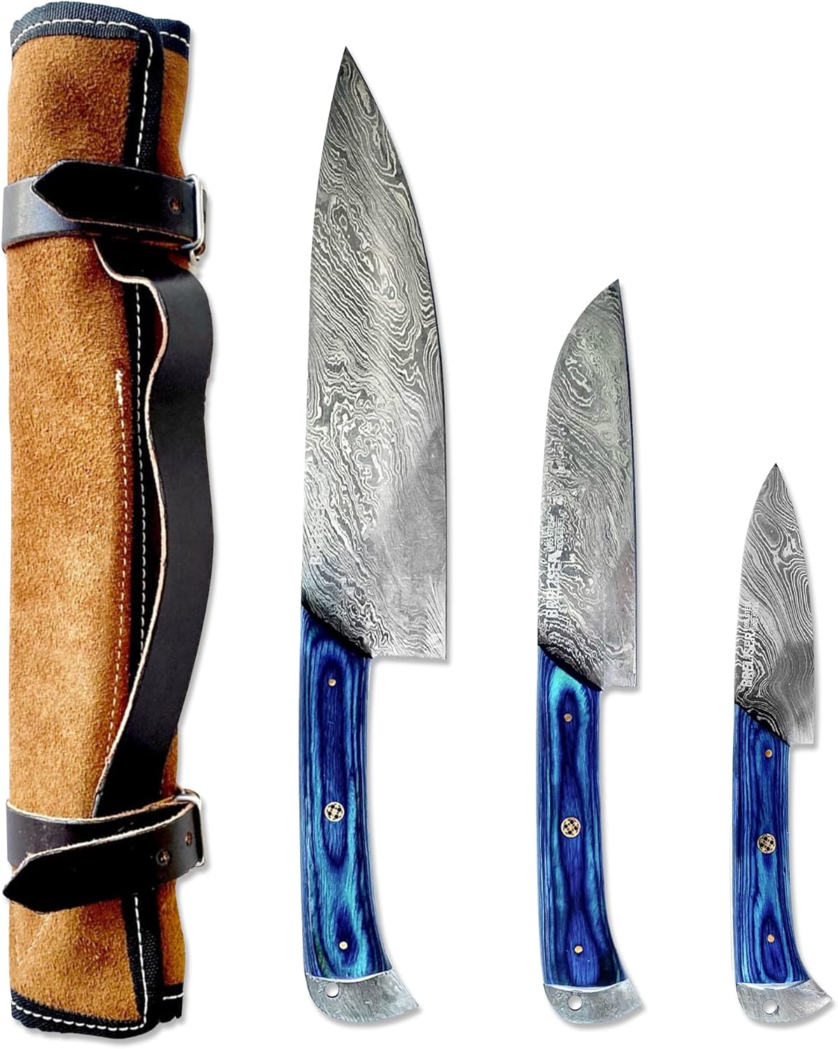 3-Piece Knives Set for Kitchen, Damascus Chef Knife Set With Professional Chef Knife, Santoku Knife, & Paring Knife, Traditional Kitchen Knifes With Blue Pakkawood Handles, Gifts for Chefs