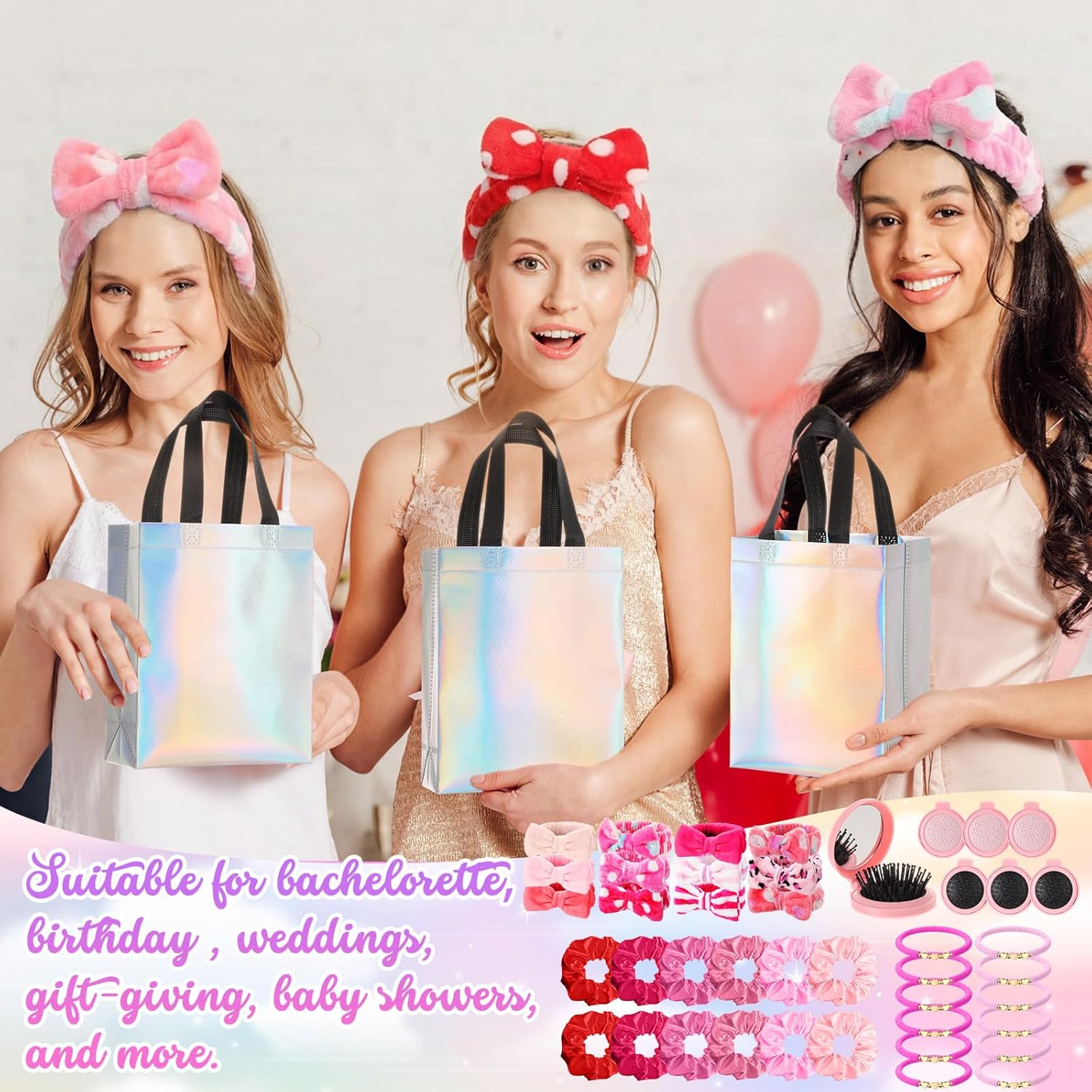 60 Pcs Woman Party Favors 2026 Weekend Gift Bags Friendship Bracelets Spa Headband Hair Scrunchie Comb with Makeup Mirror for Sleepover Slumber Trip Preppy Party Favors(Pink)