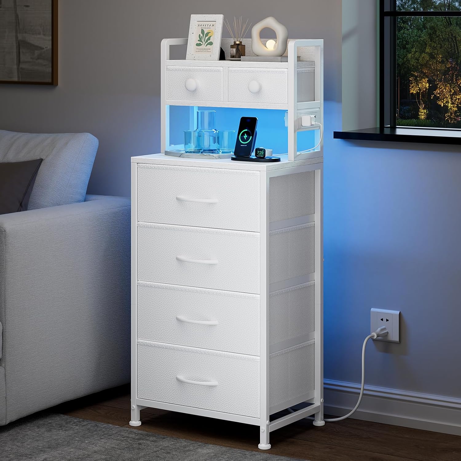 REAHOME 41 Inch Tall Nightstand with Charging Station, LED Night Stand with 6 Fabric Drawers, Bed Side Table with 3-Tier Wood Storage Shelves for Bedroom, Office, Small Spaces, White