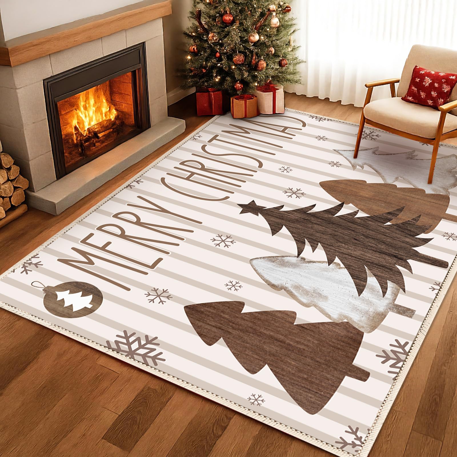 Dunzy Christmas Area Rug 5 x 7 ft Brown Xmas Tree Merry Christmas Area Washable Rug Winter Village Xmas Non Slip Soft Indoor Decor for Living Room Kitchen Entryway Bathroom Bedroom Laundry Room