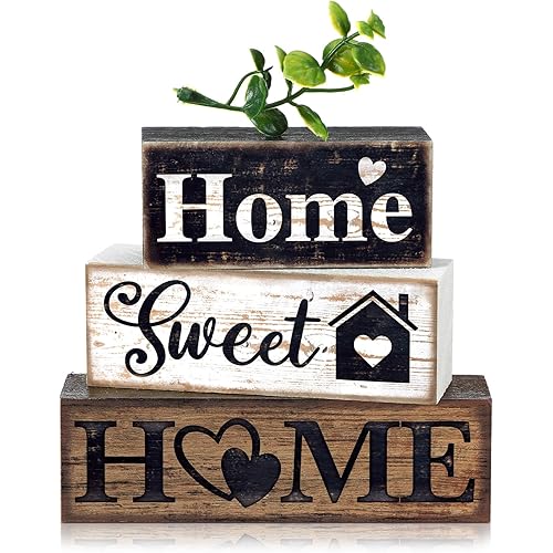 4 Pcs Farmhouse Wooden Tabletop Decor Farmhouse Tiered Tray Decor Rustic Eucalyptus Leaves Wood Block Sign Gift Sweet Home Centerpiece Home Table Decortion