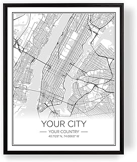 [SF Customizables] Custom City Map, Aesthetic Street Map, Your City/Town Map Personalized Print with Double Black Border Modern Housewarming Gift [Framed Poster]