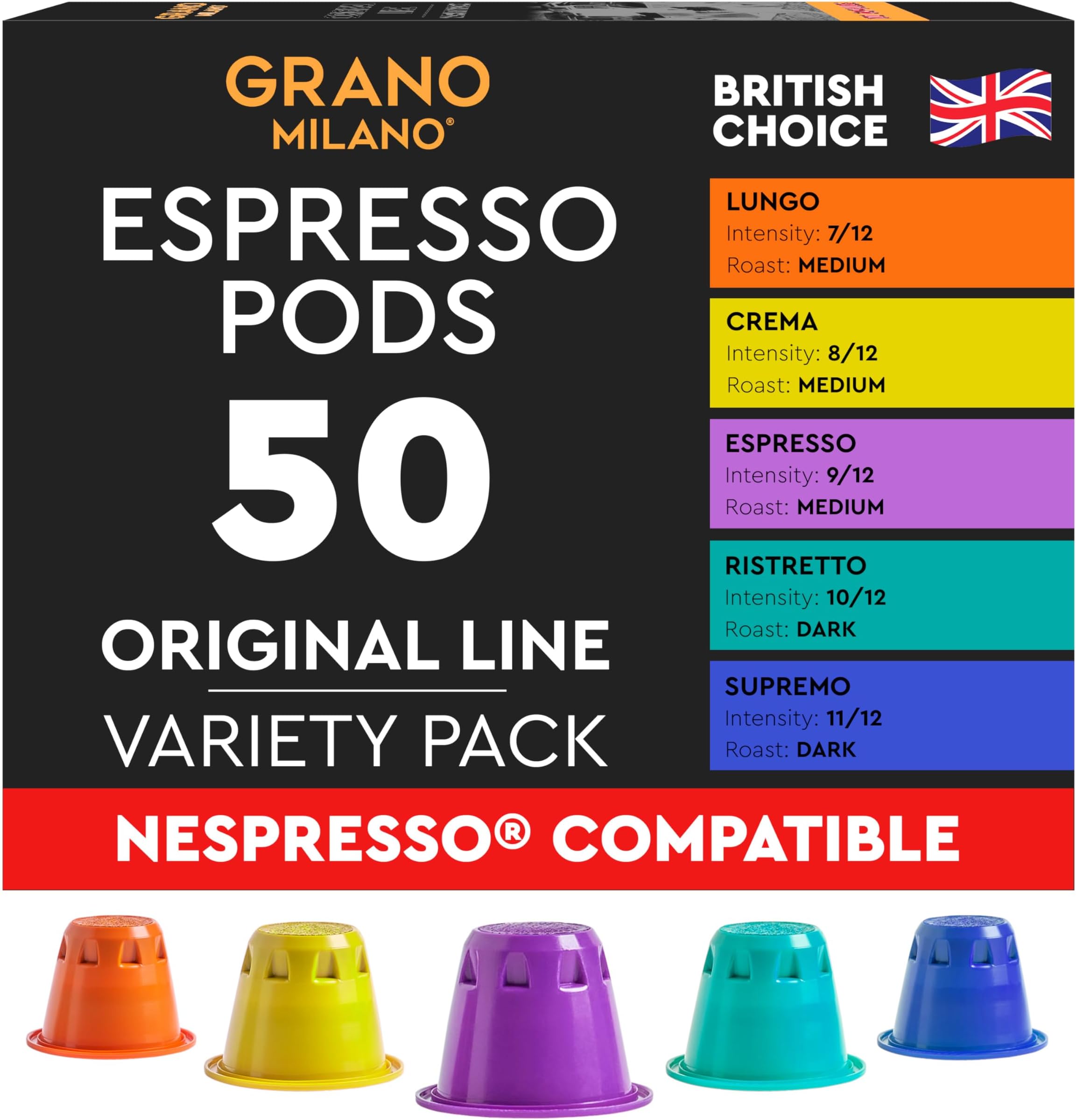 Grano Milano Variety Pack Coffee Capsules - 50 Pods Compatible with Nespresso Original line, Medium and Dark Roast, Espresso Coffee Capsules Made in Italy