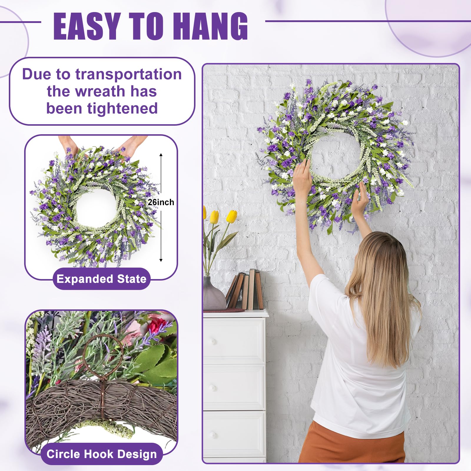 Artgar Couronne de printemps de 66 cm pour porte d'entrée, couronnes de fleurs en papier lavande pour maison, ferme, fenêtres, murs, porche, mariage, décoration intérieure et extérieure pour toutes