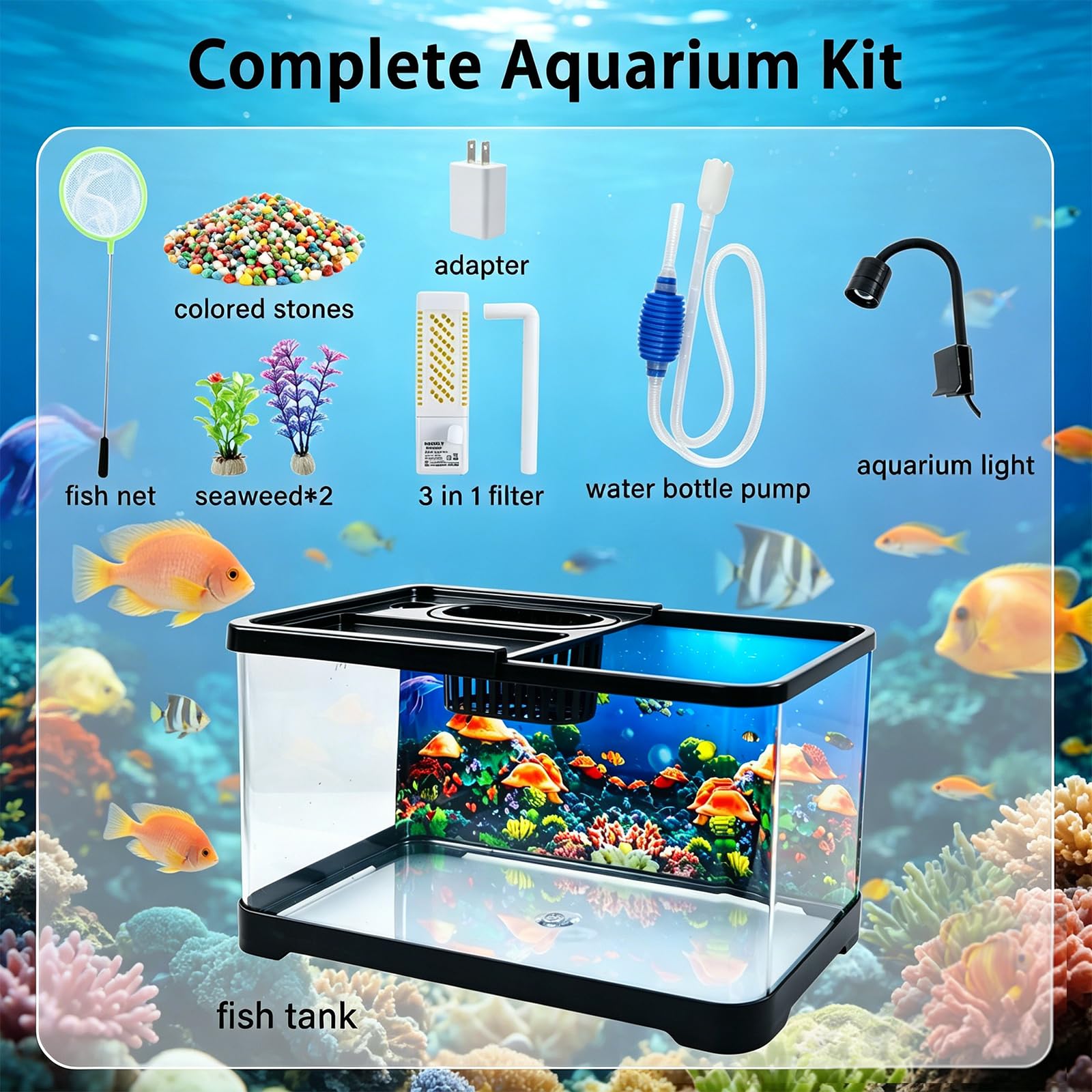 Acquario da 4 galloni - Kit di avviamento per acquario tutto in uno con luce LED per acquario, filtro silenzioso 3 in 1 e sfondo oceano - Acquario da tavolo ideale per pesci tropicali - Perfetto per