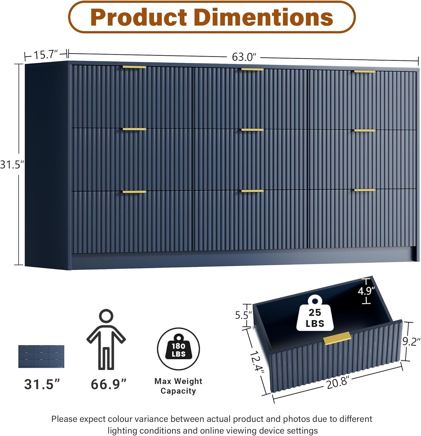 Diagram showing all parts and hardware for the Furniway 9-drawer dresser