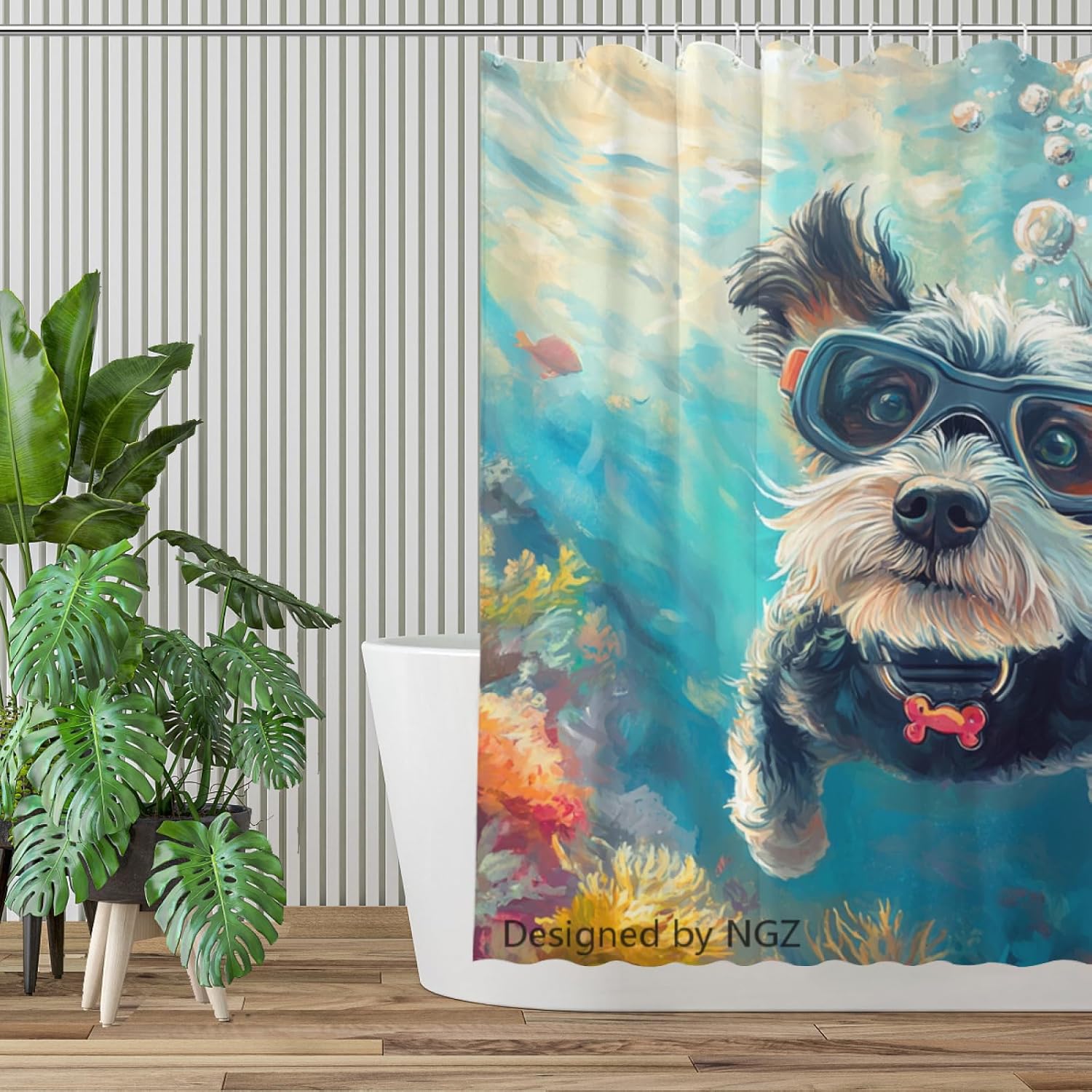 NGZ Blue Schnauzer Shower Curtain, Cute Animal Diving Painting Decorative Bath Curtain, 72 x 72 Inch Fabric Waterproof Bathroom Curtain with 12 Hooks