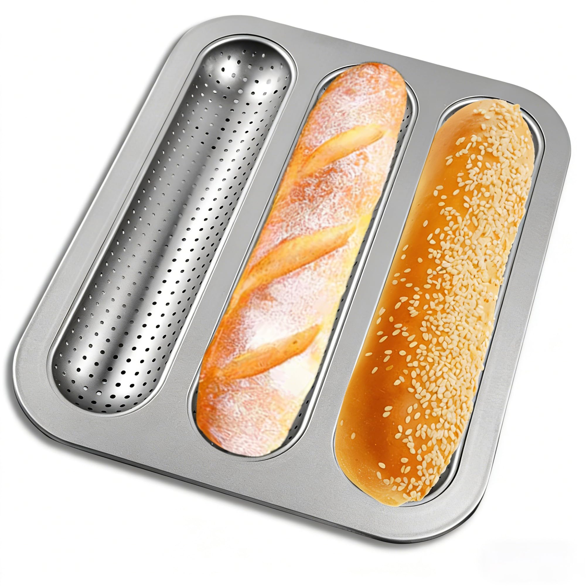 Moule à baguette perforé, moule à hot-dog avec revêtement antiadhésif, Plateau baguettes en acier au carbone avec 3 cavités (Argenté, 1 pièce)