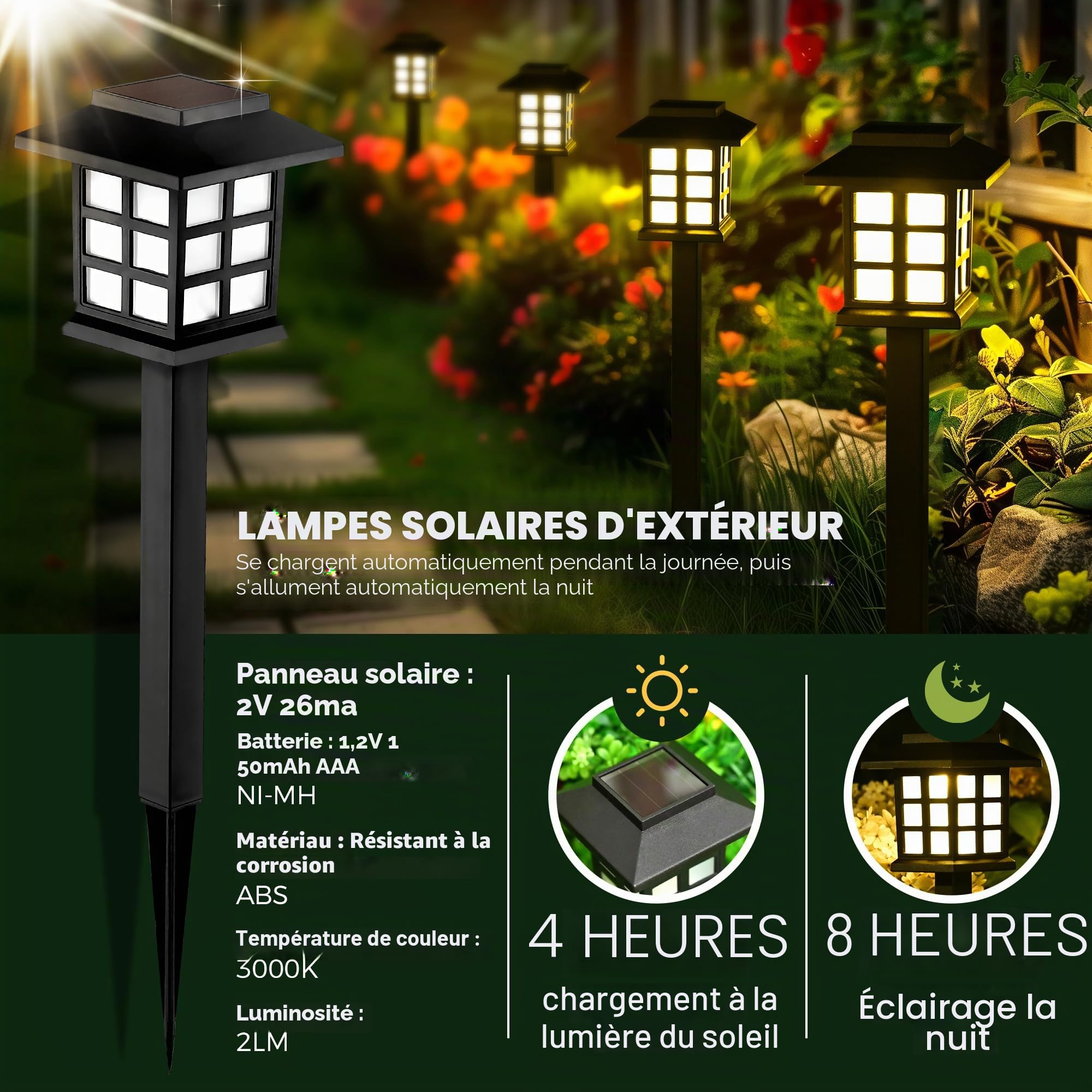 GIGALUMI Lumières solaires d'extérieur, 12 packs de lumières solaires LED d'extérieur, étanches, pour le jardin, le paysage, le chemin, la cour, le patio, l'allée (blanc chaud)