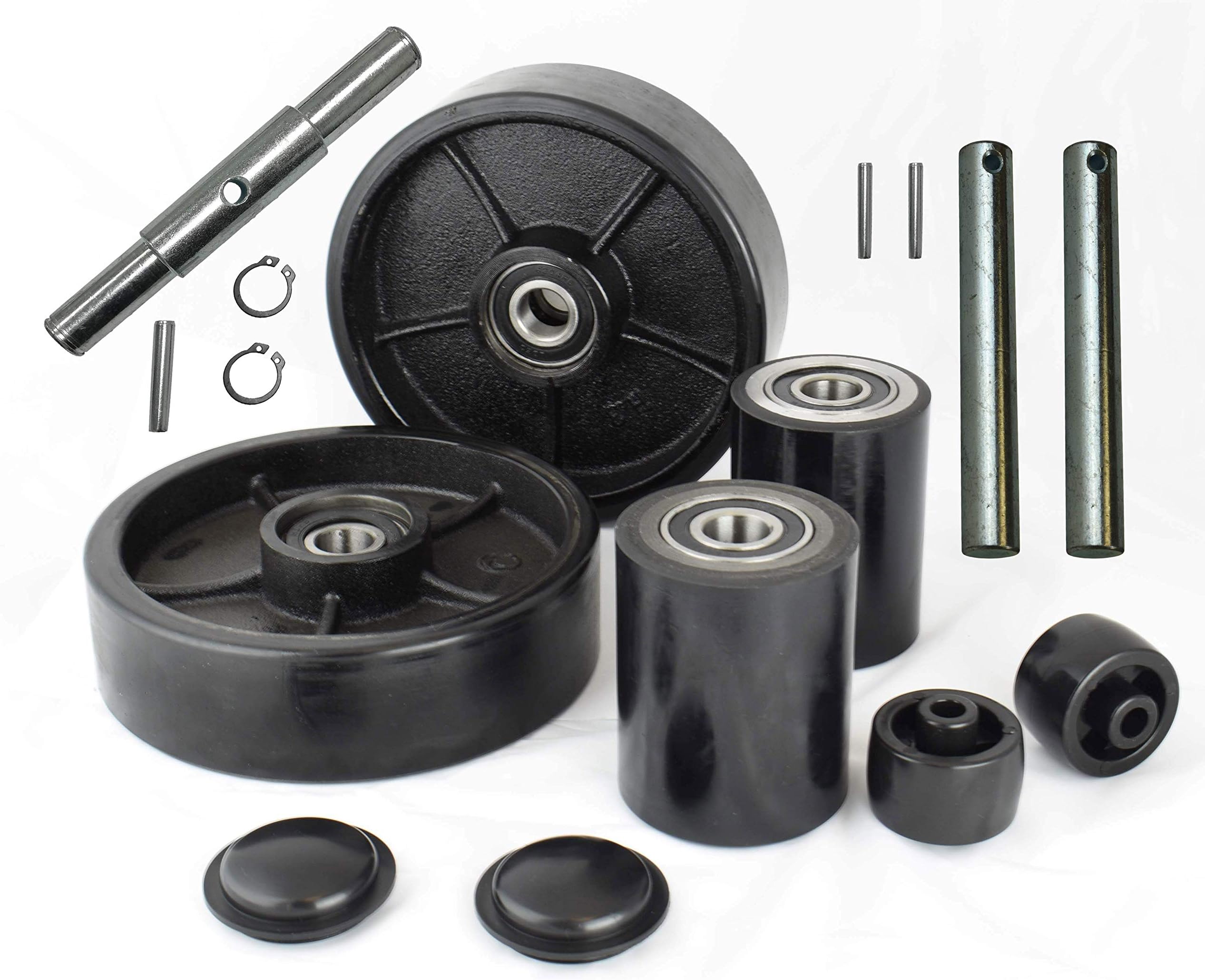 Pallet Jack/Truck Full Set Black with Back Axle, Steering Wheels 7"x 2" Pair, Front Load Roller 2.75" x 3.75" Pair with Bearings ID 20mm Poly Tread Black with Entry Exit Roller and Protective Caps