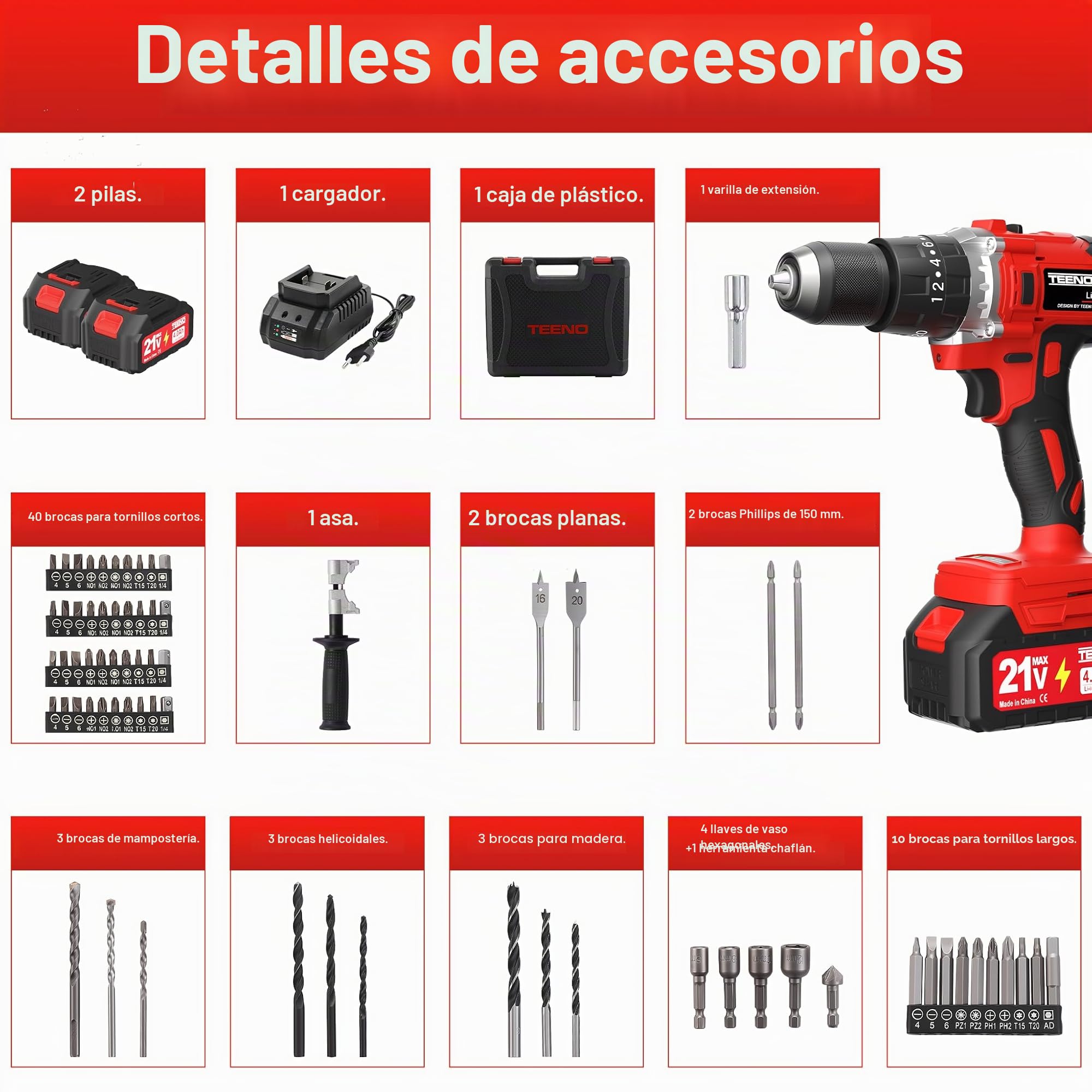 TEENO Taladro Atornillador Inalámbrico para Batería Makita de 21V 2 * 4,0 Ah Baterías,130 Nm Taladro Percutor Bateria,20+3 Configuraciones de Par,2 Velocidades, LED,76 Accesorios y Maletín