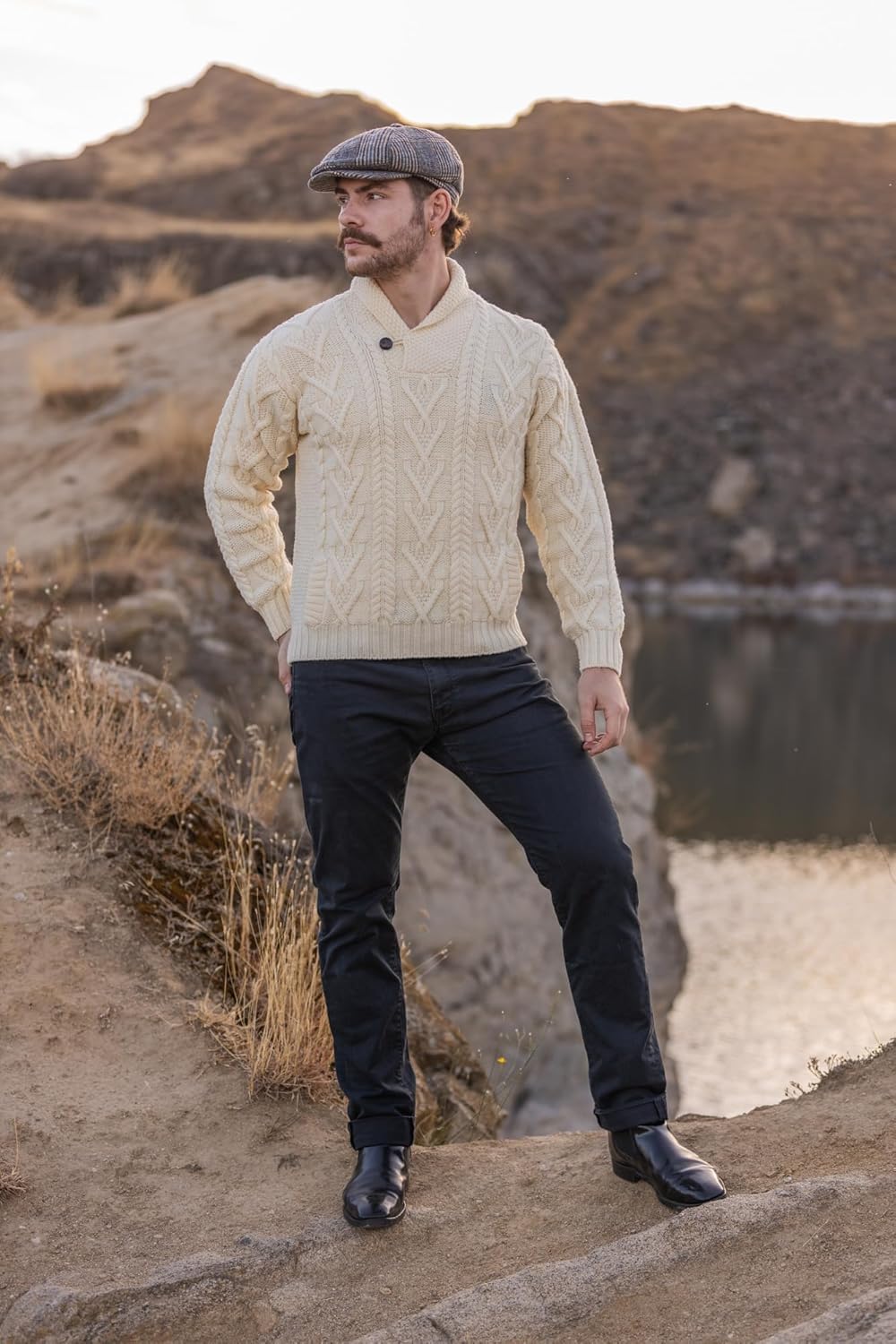 100% Merino Wool Men's Shawl Collar Single Button Irish Cable Knit Sweater Knitwear with Pockets - Image 8