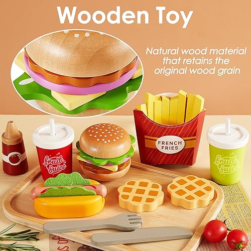 Miniatura 4 de BUYGER Juego de accesorios de cocina con juguete de hamburguesa de comida rápida, plástico y madera, vajilla de cocina, juego de simulación,
