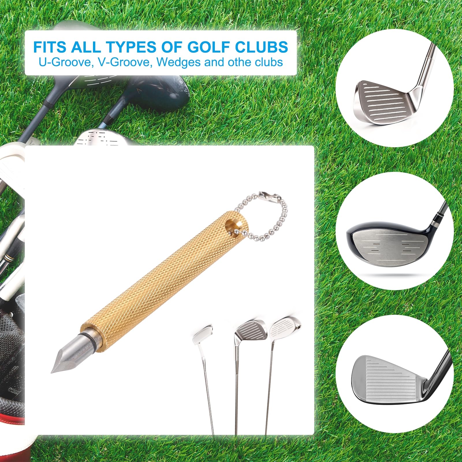 PATIKIL Afilador de Ranuras de Palos de Golf, 2 Piezas Afiladores de Ranuras de Palos de Golf Herramienta de Re-Grooving y Limpiador para Hombres U & V-Grooves Wedges Irons Generan, Dorado