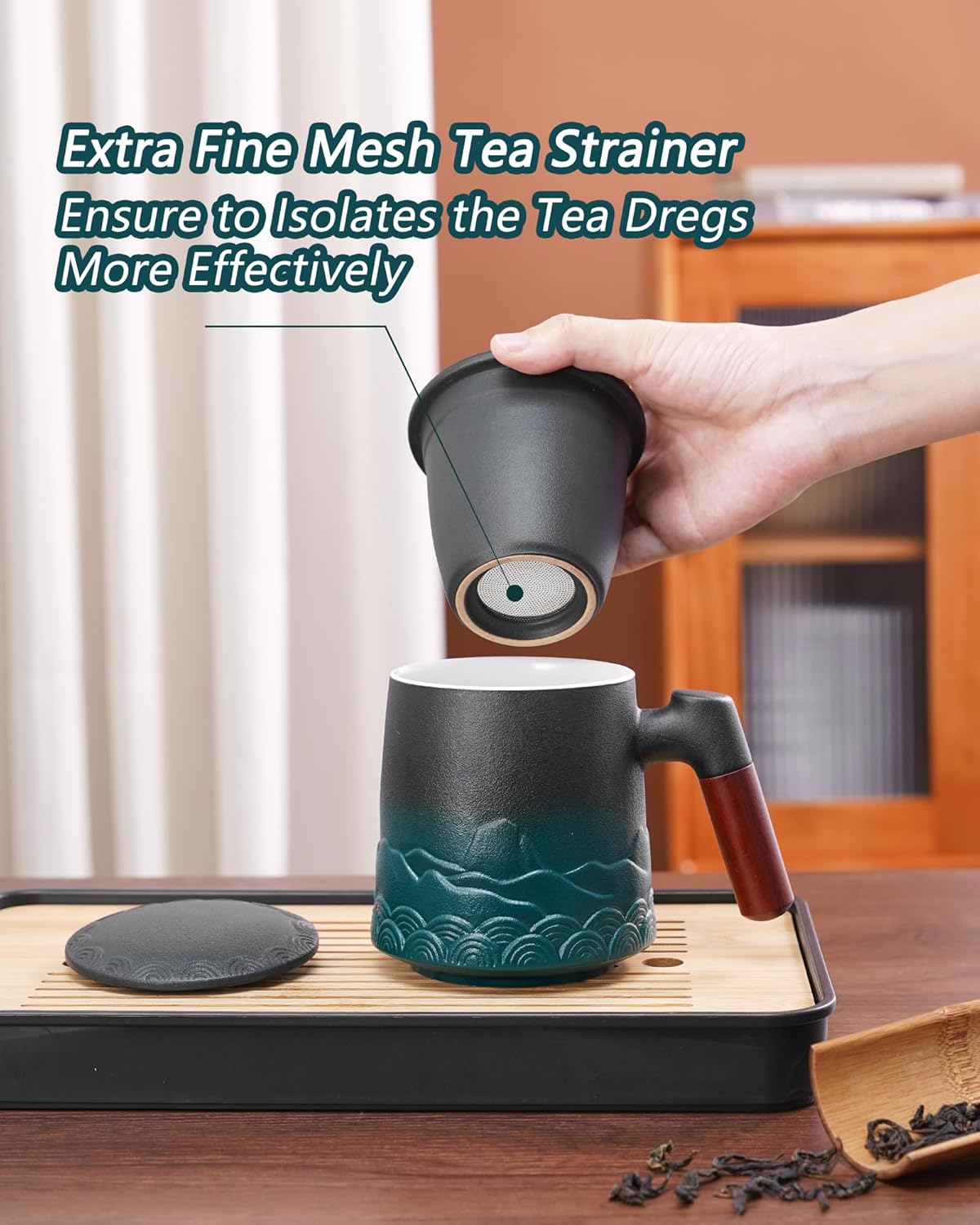 ZENS Tea Cup with Infuser and Lid for Loose Leaf Steeping, 16.9oz Embossed Ceramic Tea Infuser Mug, Wood Handle Tea Diffuser, Great Gift - Image 3