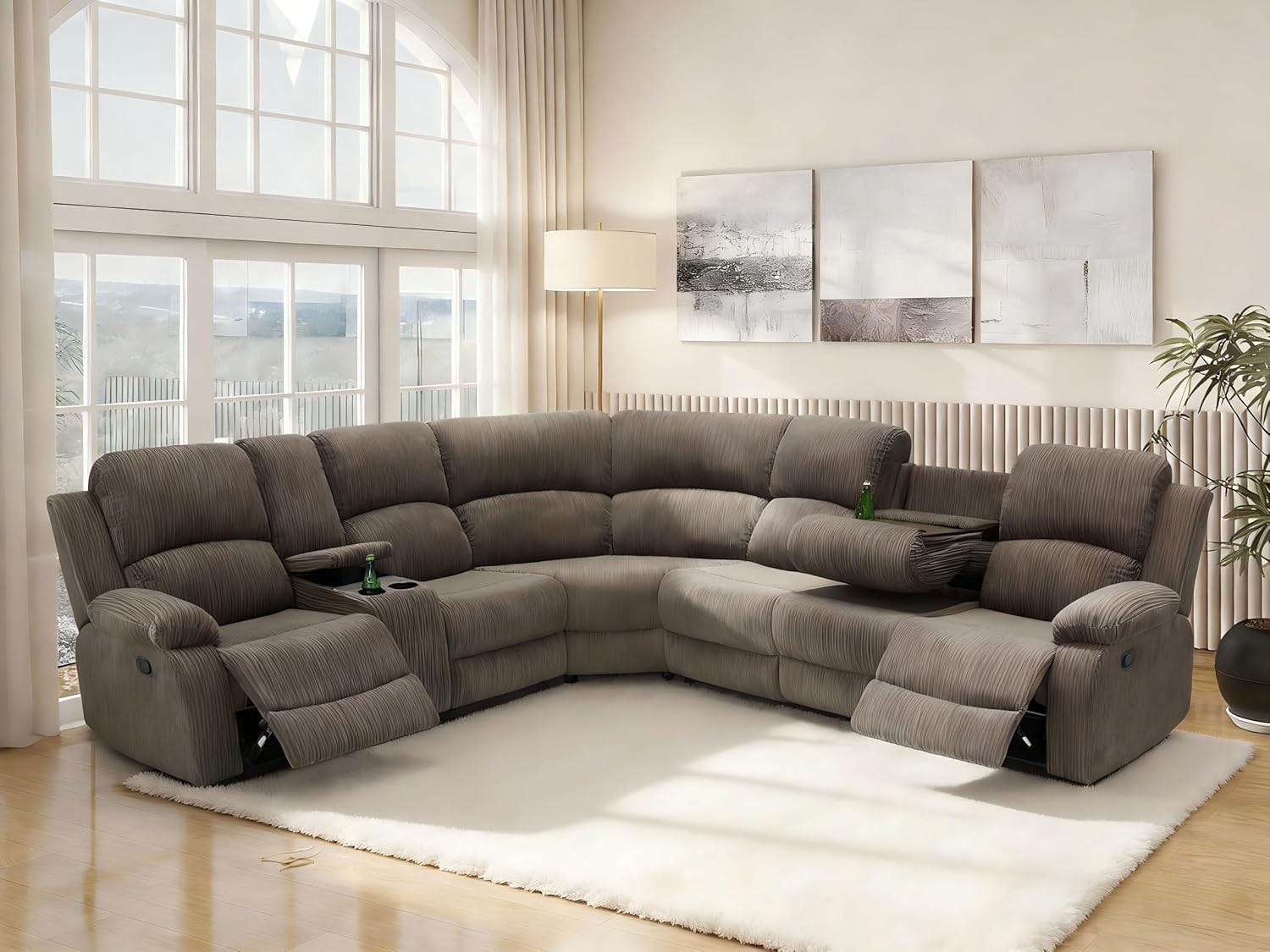 Living Room Furniture Set,Grey Manual Reclining Sectional Sofa Set, Corduroy Recliners Sofa Couch with Storage Console and Cupholders, Manual Reclining Couch Set for Home/Office/Living Room