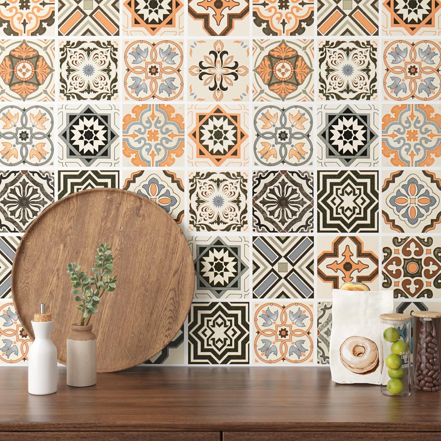 Boho Wallpaper Kitchen Contact Paper Waterproof Peel and Stick Backsplash Orange Wall Paper Self Adhesive Geometric Tile Removable Moroccan Wallpaper Bathroom Wall Drawer Cabinet 15.75"x78"