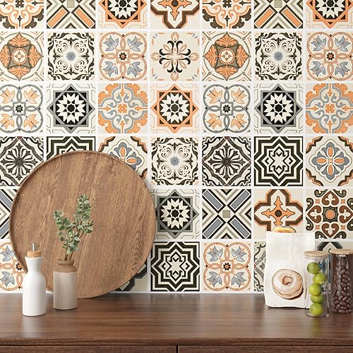 Papel tapiz bohemio para cocina, impermeable, para despegar y pegar, papel de pared color naranja, autoadhesivo, azulejos geométricos, extraíble,