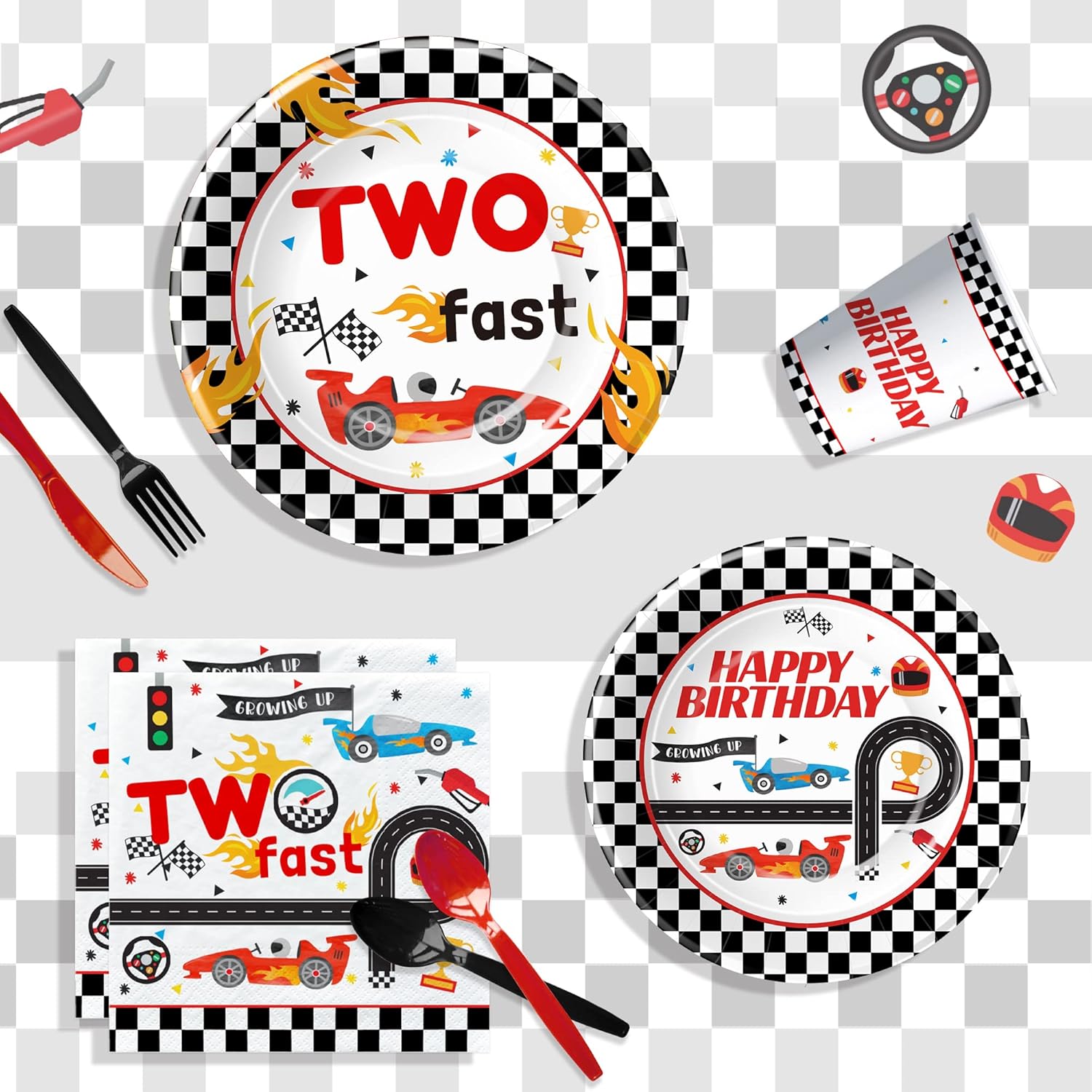 Xigejob Two Fast Birthday Decorations Tableware, Race Car 2nd Birthday Party Supplies Dinnerware, Paper Plate, Napkin, Cup, Tablecloth, Disposable Party Cutlery, Serves 24 - Image 7