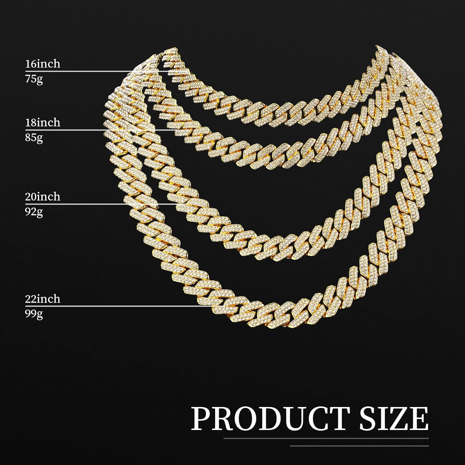 Batiyeer 3 Pcs Cuban Link Chain Necklace Bracelet Rhinestone Hoop Earrings Bling Crystal Hip Hop Jewelry for Women(16 Inch,Gold) - Image 2