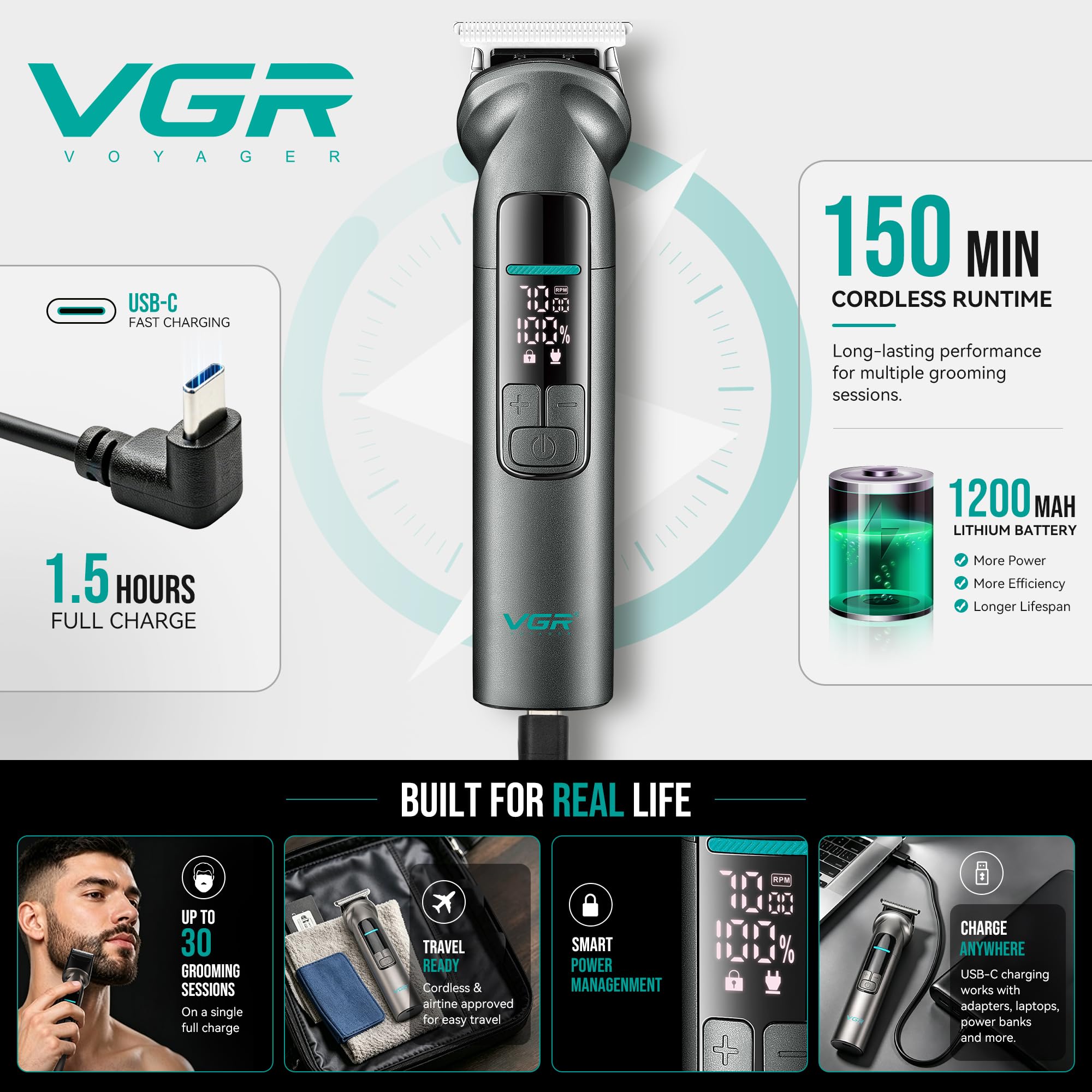 VGR Bartschneider für Männer, All-in-One Grooming Kit mit Haarschneidemaschine, Body Groomer, Folienrasierer & Nasentrimmer, IPX7 Wasserdicht Kabelloser Trimmer, 150 Min Laufzeit, USB-C