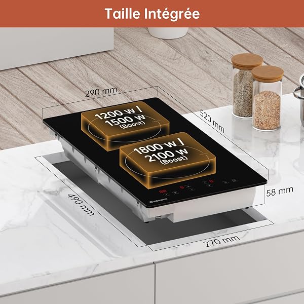 Gudsunal Plaque Induction 2 Feux Encastrable, 3600 W, Chauffage à Basse Puissance, Booster, 9 Niveaux de Puissance, Minuterie, Arrêt Auto, Verrou de Sécurité Enfant, Détecteur de Casserole - 2
