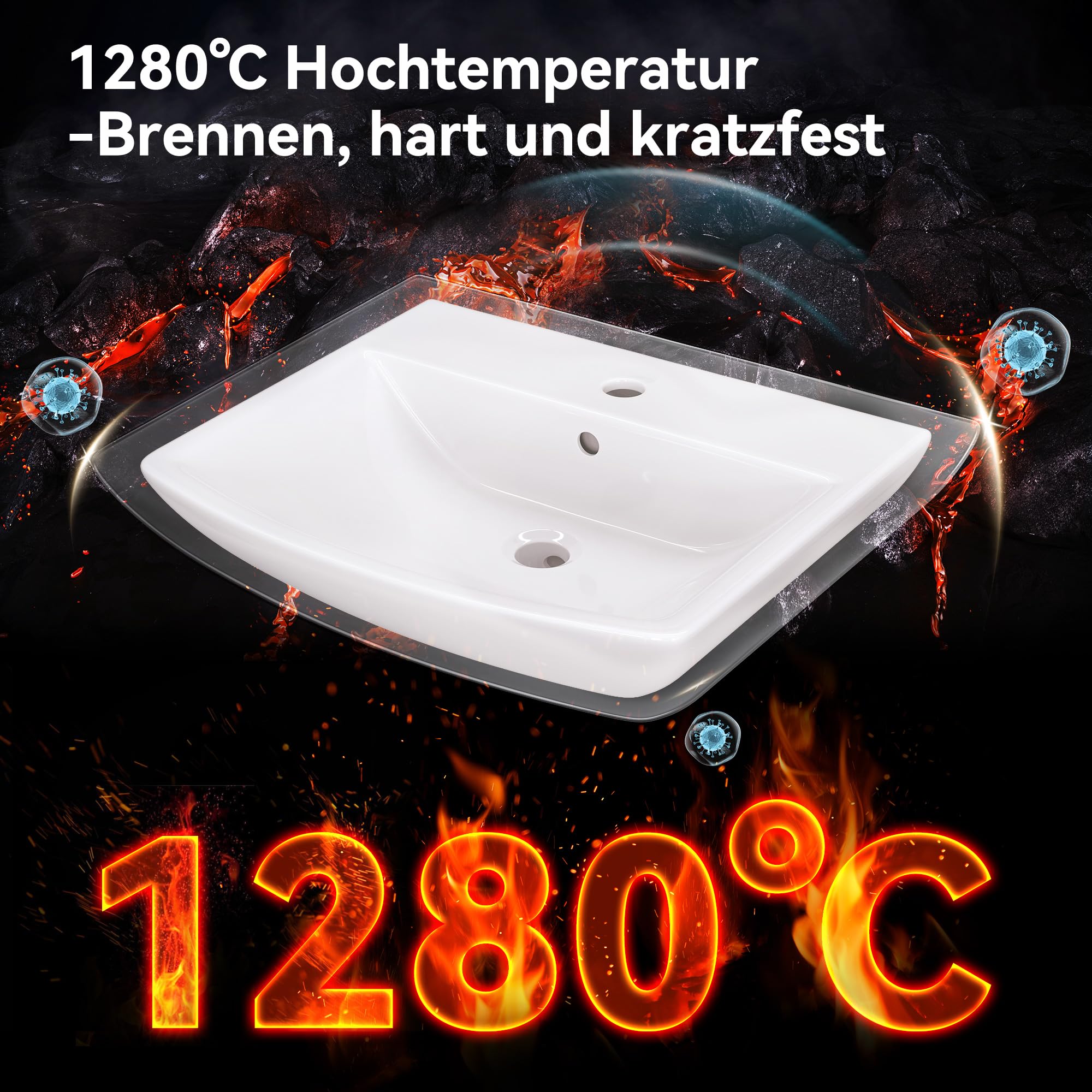 HOROW Lavabo da bagno piccolo con troppopieno, lavabo da tavolo, per bagno degli ospiti, lavabo sospeso, lavabo da parete con foro per rubinetto, in ceramica, bianco, 50 cm