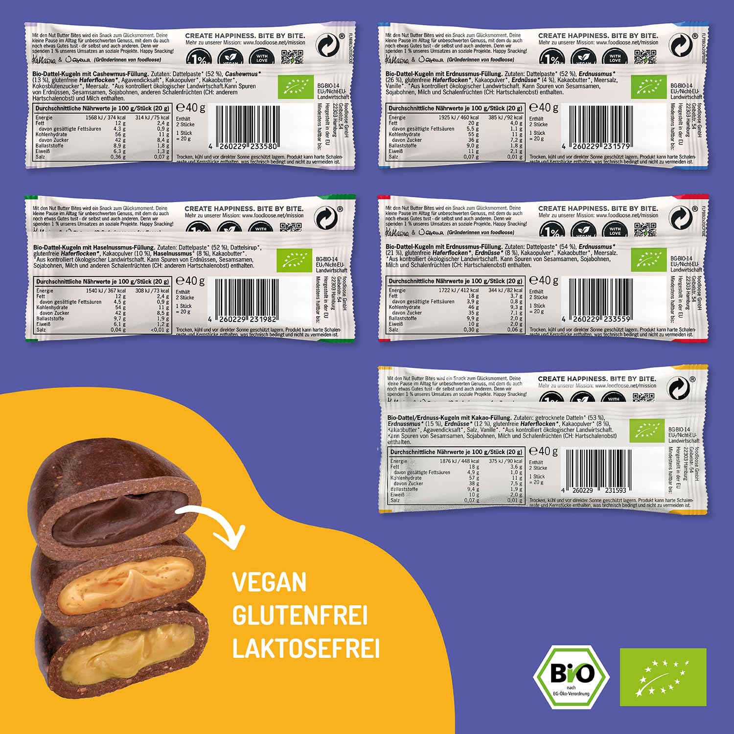Foodloose Bio-Nut Butter Bites Probierpaket 5 Sorten 20 x 40g Vegan Glutenfrei