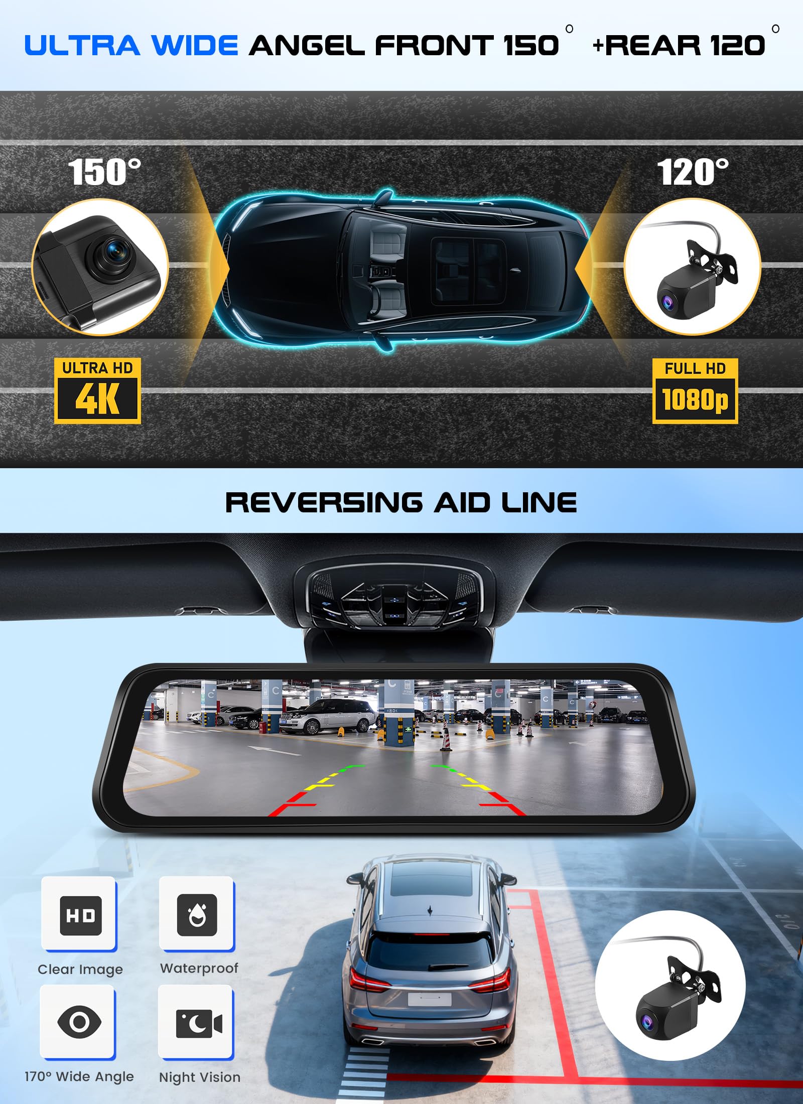 CAMECHO 9.66'' 4K Pantalla Táctil Dashcam Retrovisor Coche, Dash Doble CAM Frente y Trasero, Cámara Retrovisor para Coche con visión Nocturna,grabación en Bucle, Sensor G, GPS, ADAS, BSD