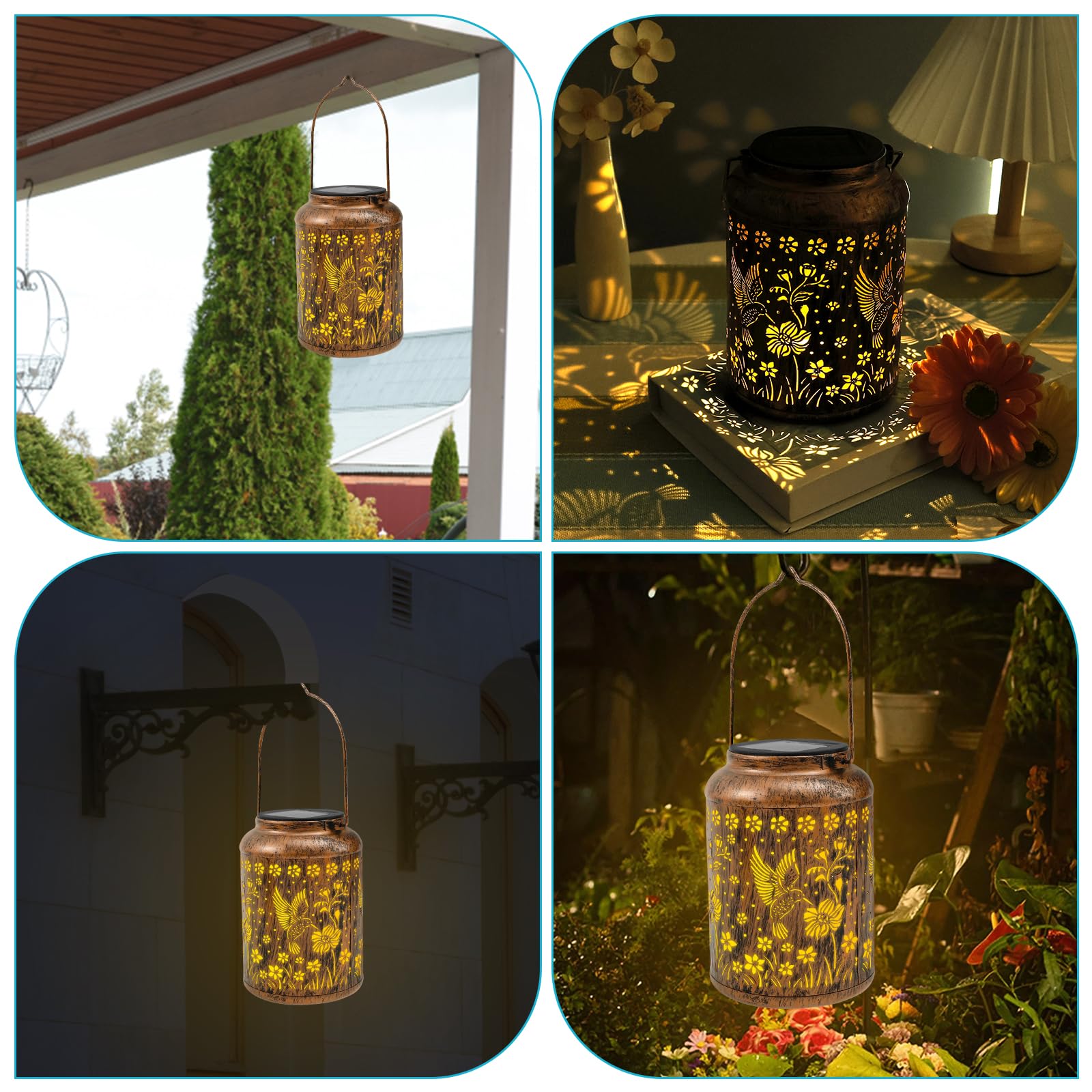 2 faroles solares decorativos de metal ahuecados impermeables LED para porche o árbol (marrón oscuro, 2)