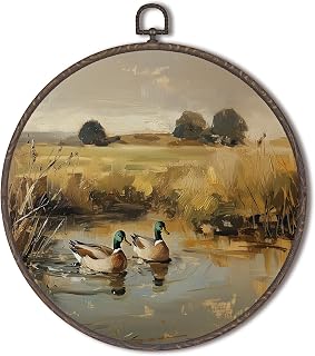 XNXLDYLH Vintage Mallard Duck Nursery Round Framed Wall Art Decor, Rustic Cottagecore Duck Hunting Hanging Wall Bathroom Decor Decorations, Farmhouse Canvas Prints Wall Art Pictures Paintings, 10x10In