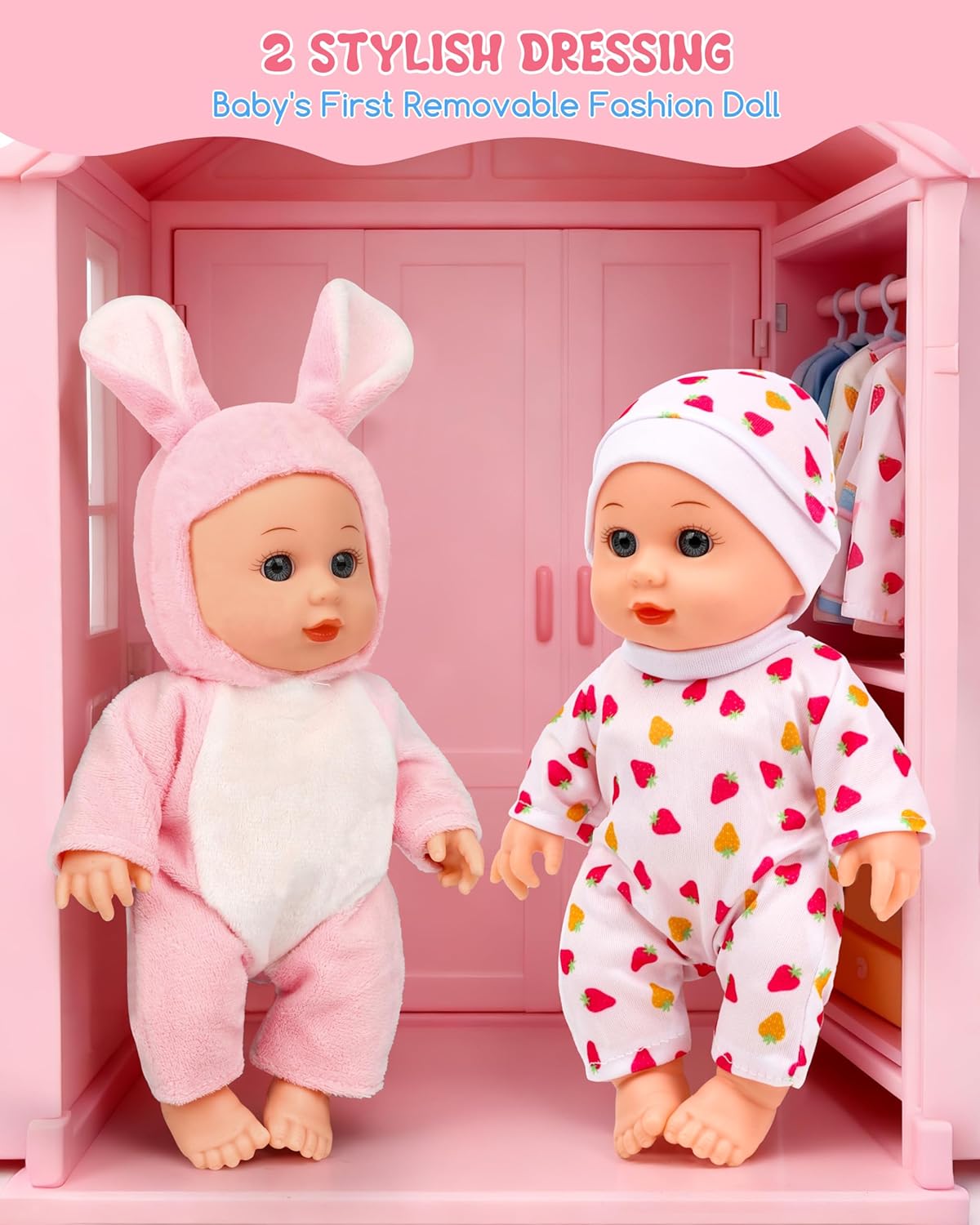 Baby Doll Accessories Set with Stroller, Crib and High Chair, 31-Piece Playset, 2 Doll Outfits & Accessories, Imaginative Role-Play Gift for Girls Ages 2+
