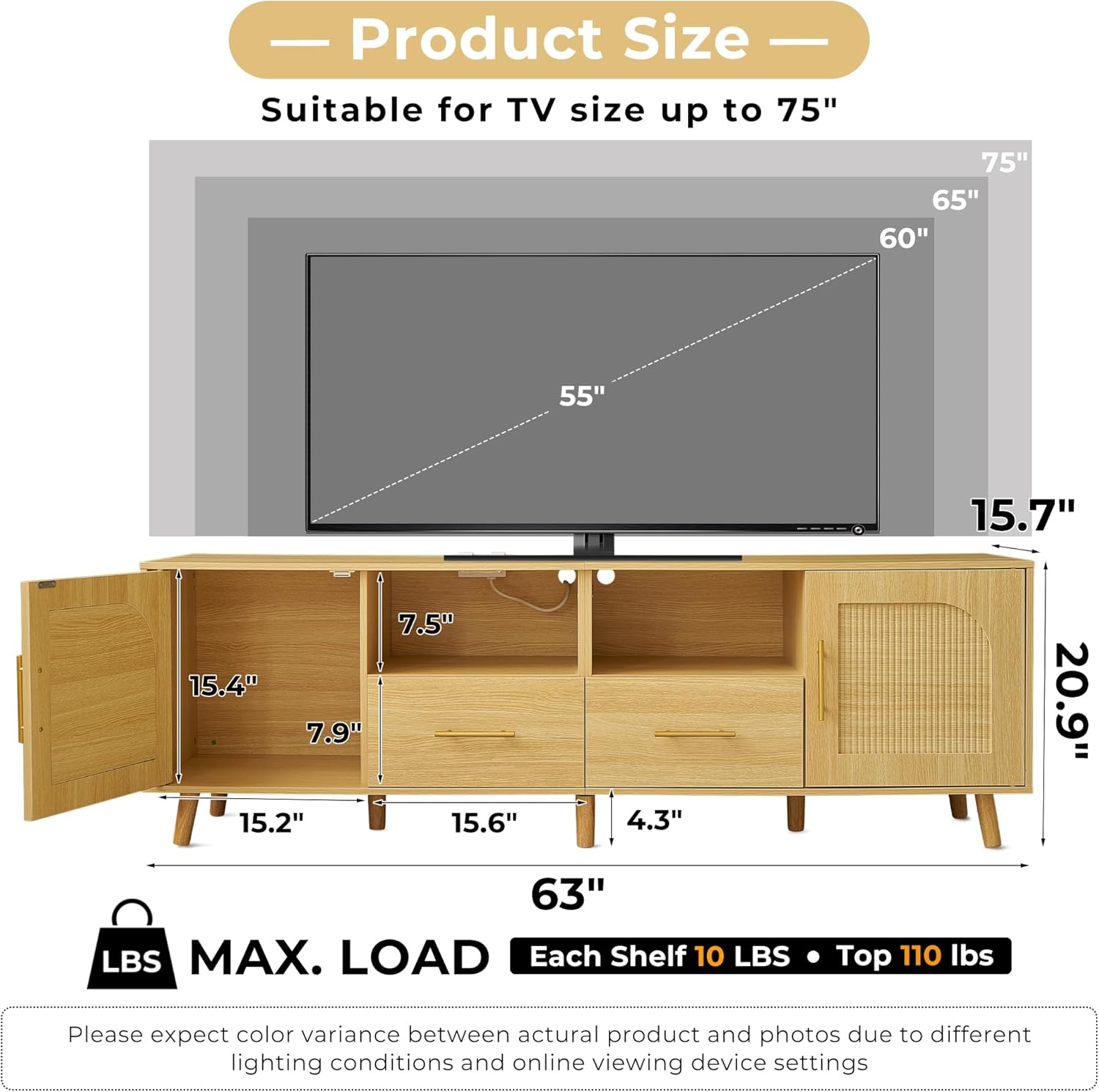 TV Stand for 70 Inch TV, 63" Modern Fluted TV Stand with Outlet, 2 Drawers & Cabinets, Entertainment Center with Open Shelves, Minimalist TV Stands for Living Room (Natural Wood)
