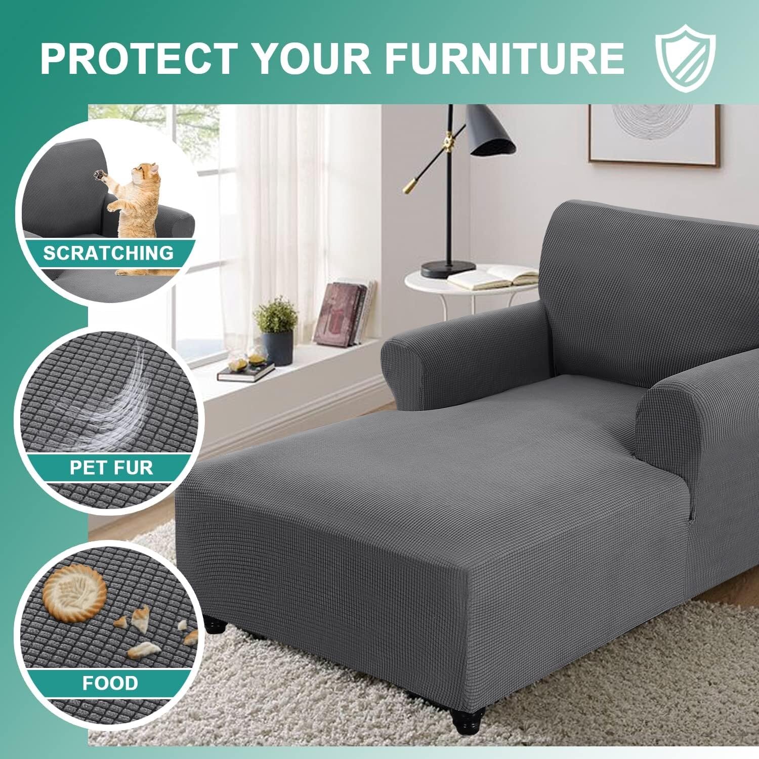 Konsilsa Stretch Chaise Lounge Slipcover with Double Armrest, Jacquard Sofa Protector for Sleeper Couch (Color : Grey, Size : Medium)